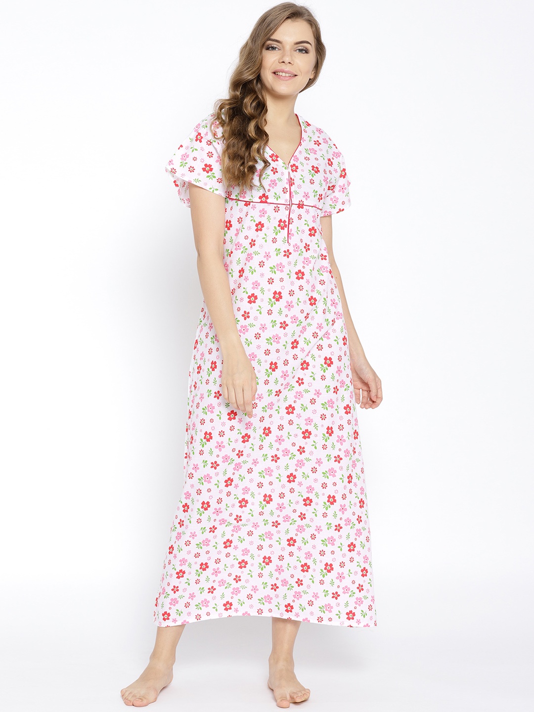 

Clovia White & Pink Printed Nightdress NSS001P22O
