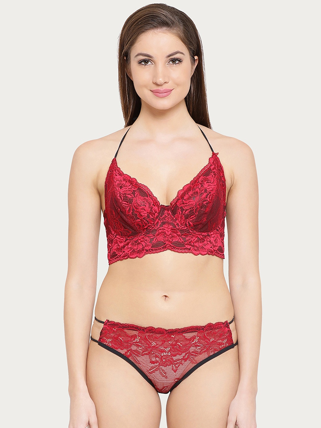 

Clovia Maroon & Black Lace Lingerie Set BP0800A0440C