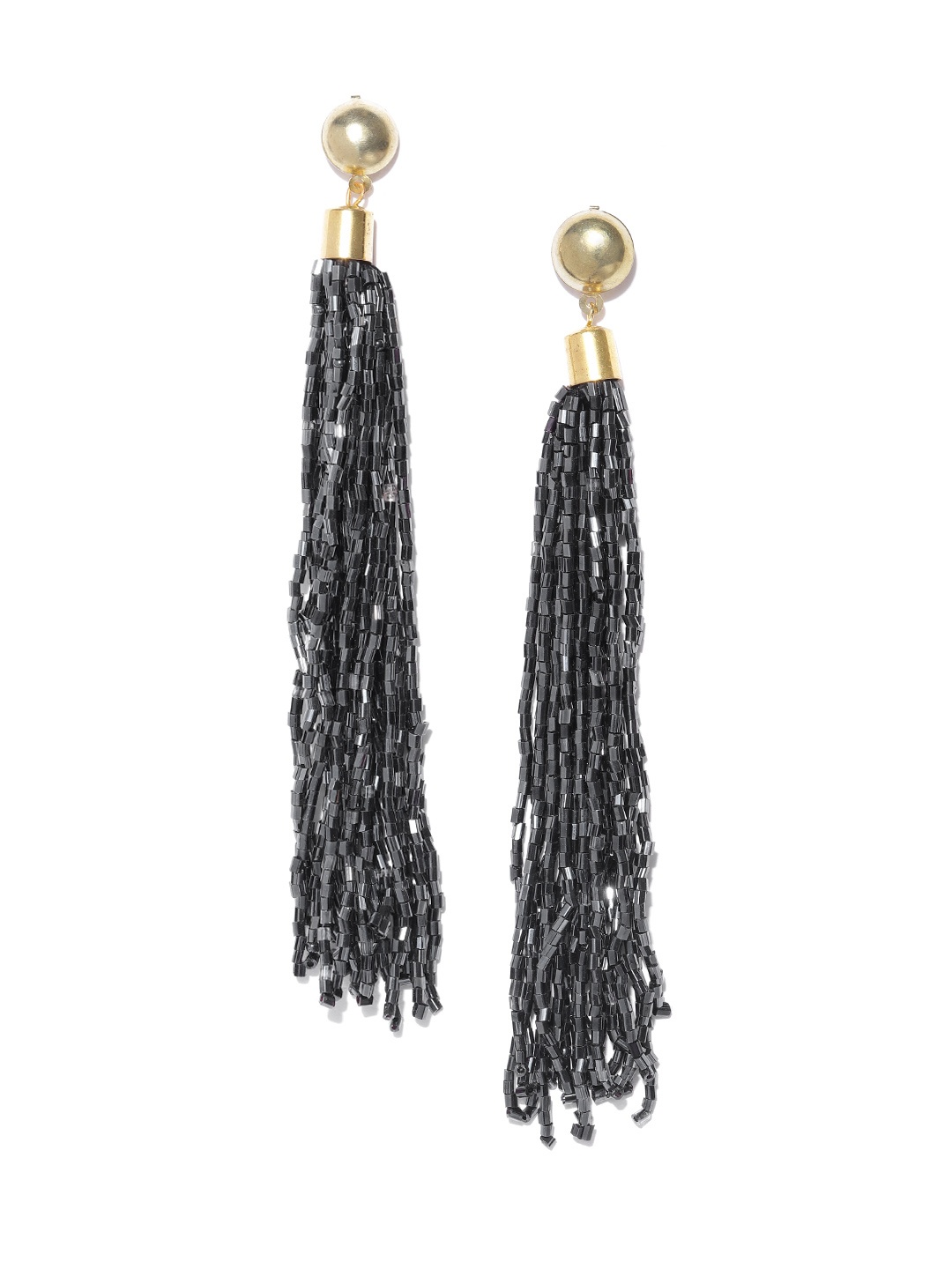 

Crunchy Fashion Gunmetal-Toned Beaded Tasselled Drop Earrings, Metallic