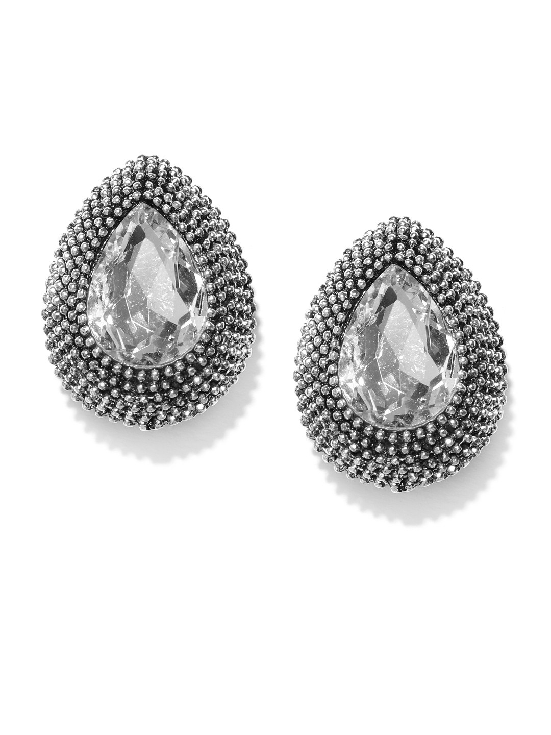 

Crunchy Fashion Oxidised Silver-Toned Stone-Studded Teardrop Shaped Studs