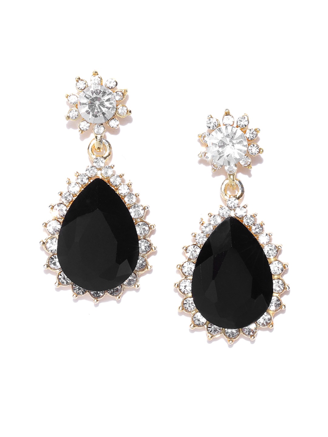 

Crunchy Fashion Black & Gold-Toned Stone-Studded Teardrop Shaped Drop Earrings