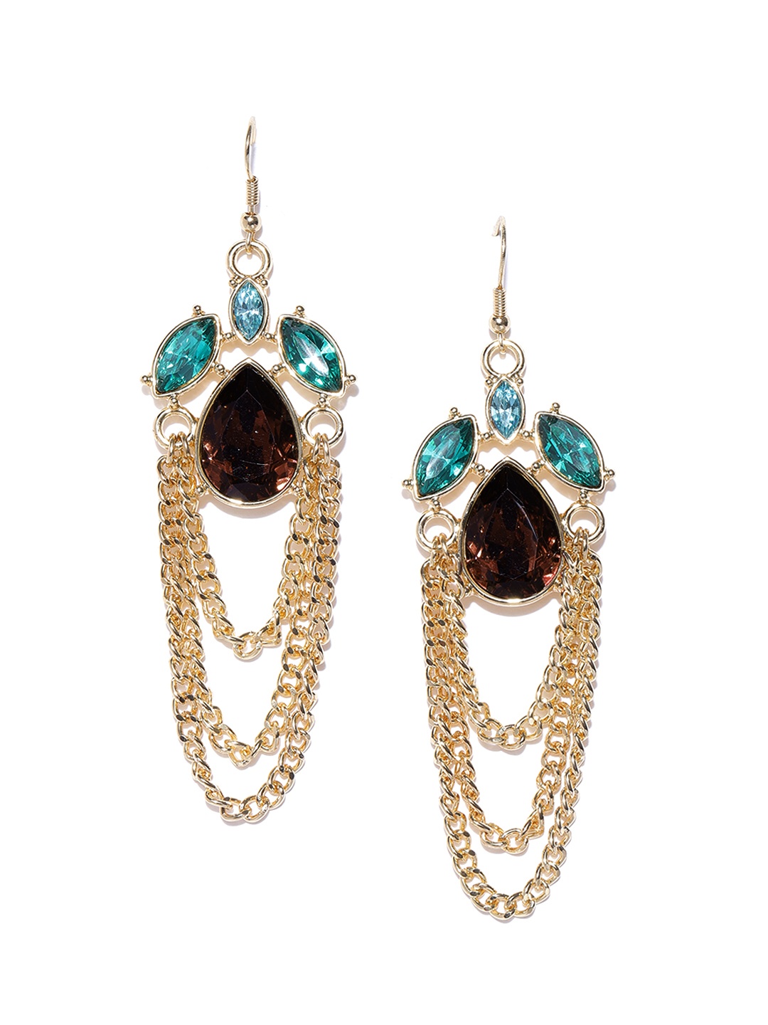 

Crunchy Fashion Gold-Toned & Blue Stone-Studded Drop Earrings