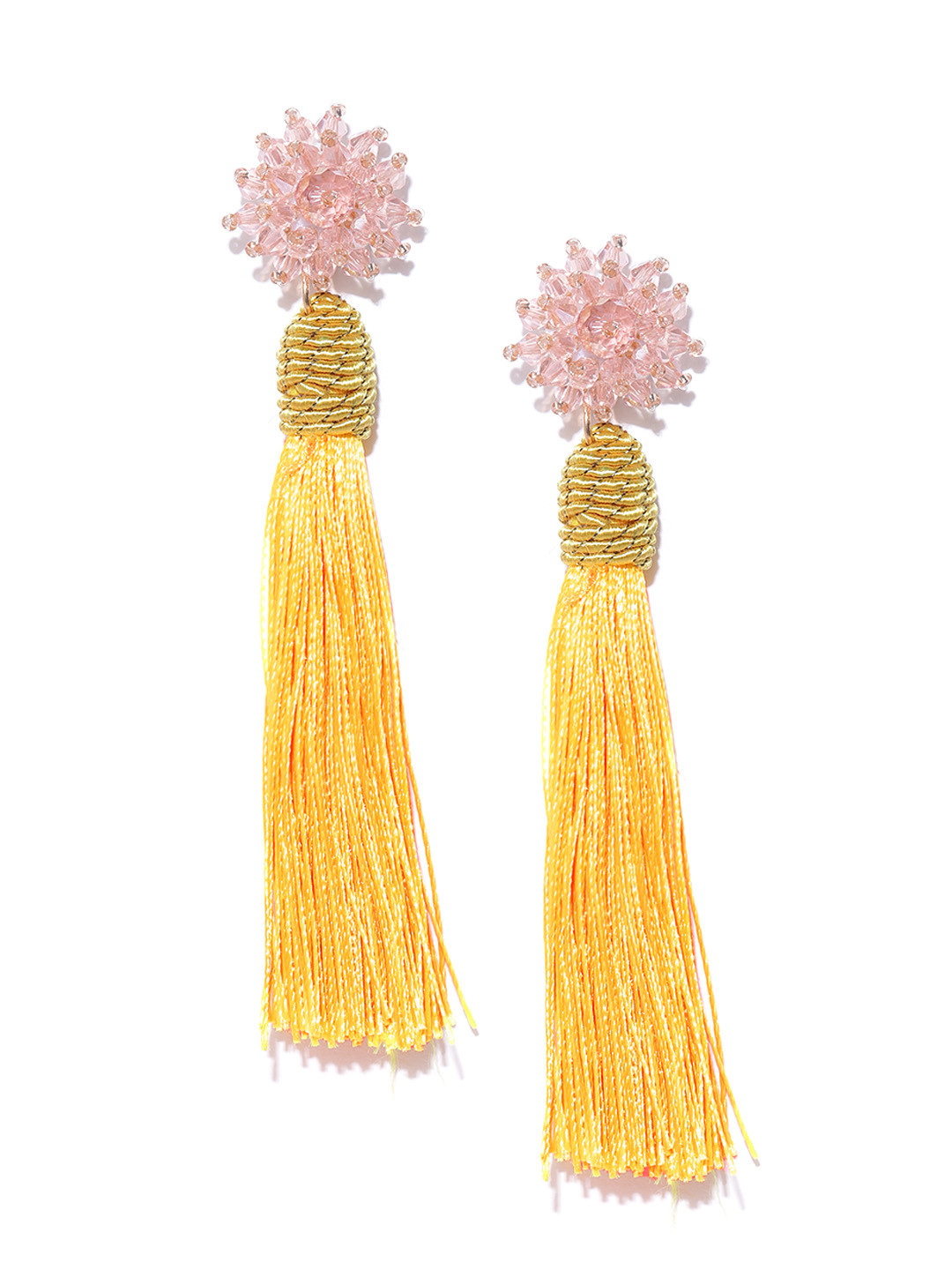 

Crunchy Fashion Yellow & Peach-Coloured Beaded Tasselled Drop Earrings
