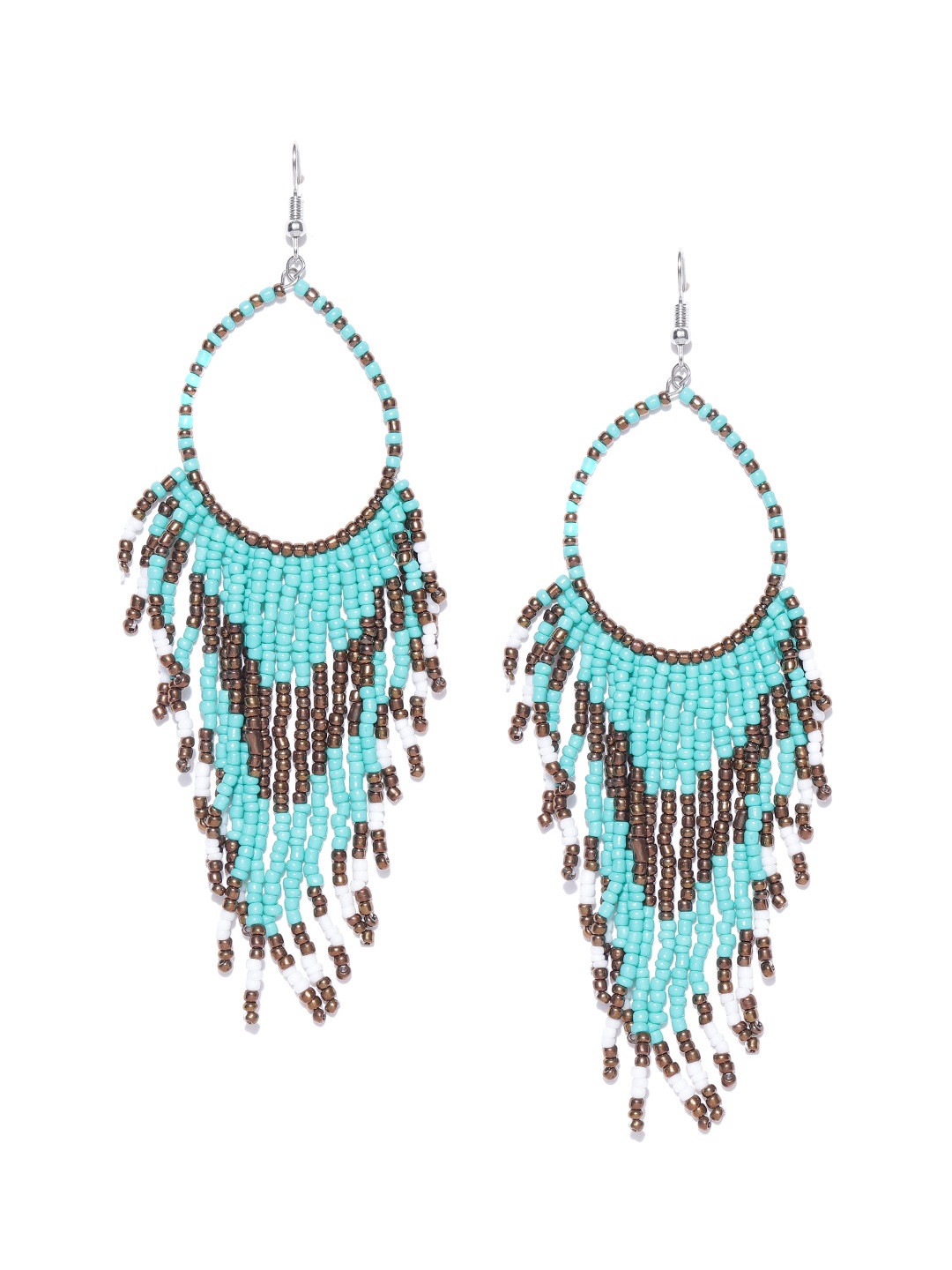 

Crunchy Fashion Sea Green & Bronze-Toned Beaded Tasselled Drop Earrings