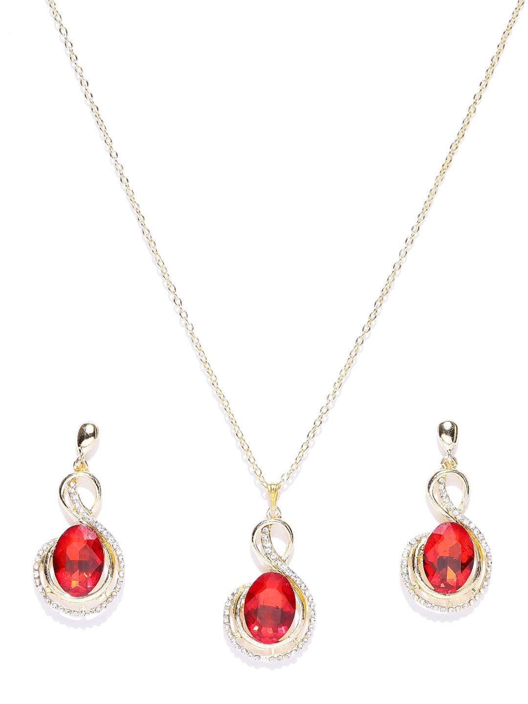 

Crunchy Fashion Red Gold-Plated CZ-Studded Jewellery Set
