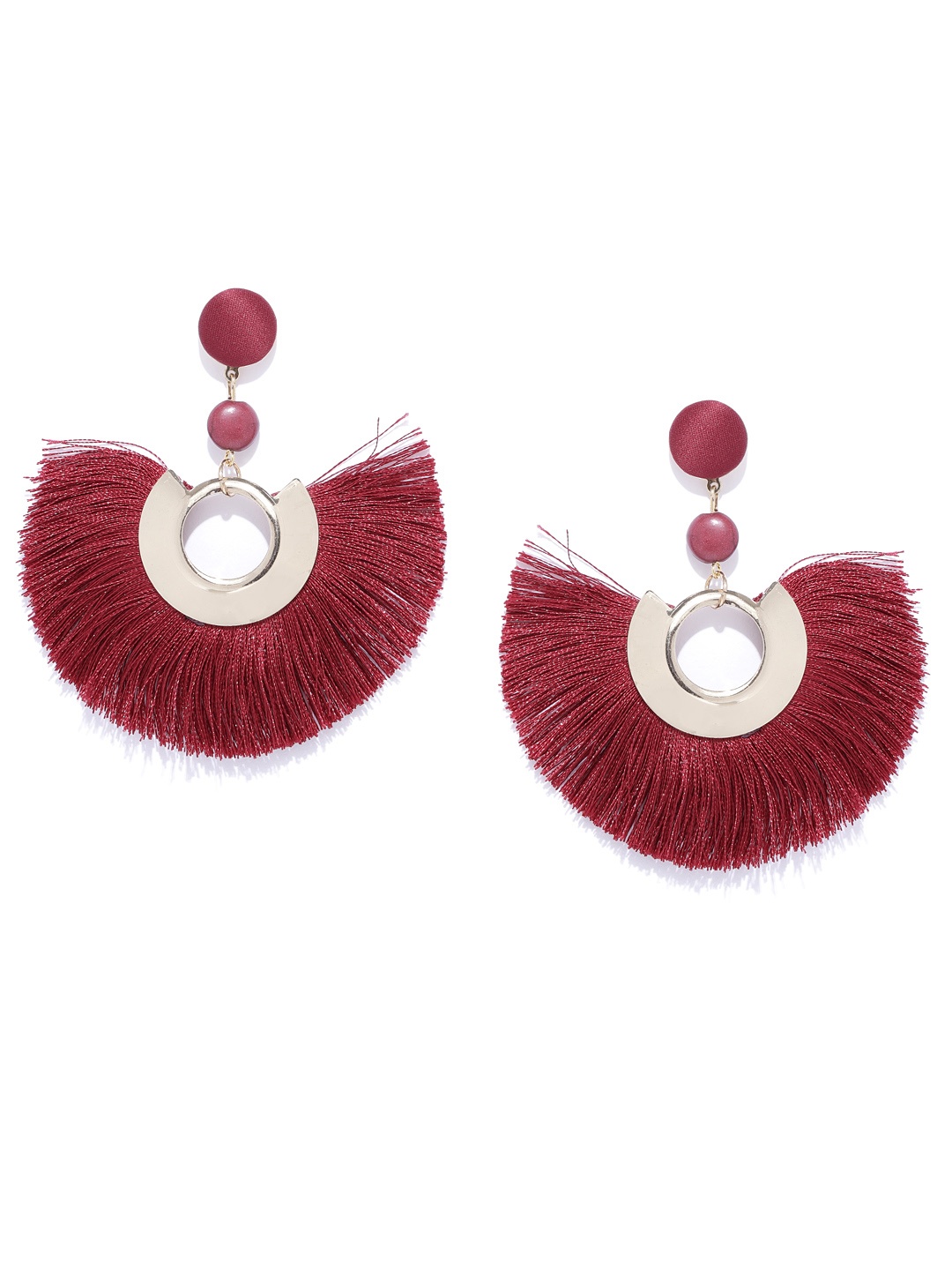 

Crunchy Fashion Maroon & Gold-Toned Tasselled Crescent-Shaped Drop Earrings