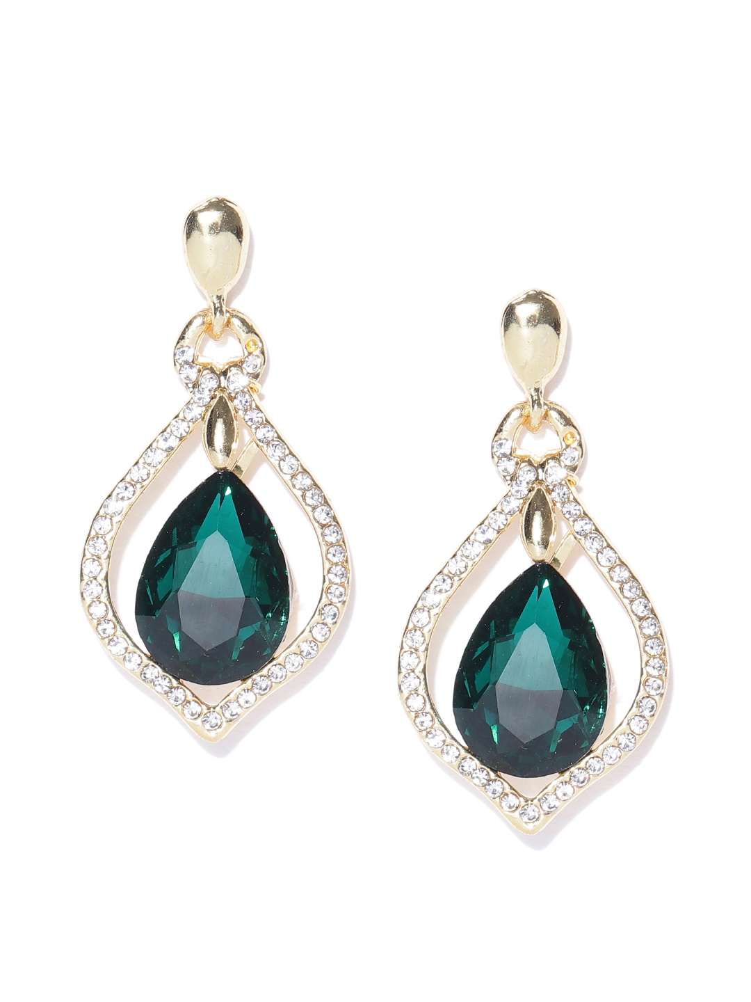 

Crunchy Fashion Green & Gold-Toned Stone-Studded Teardrop Shaped Drop Earrings