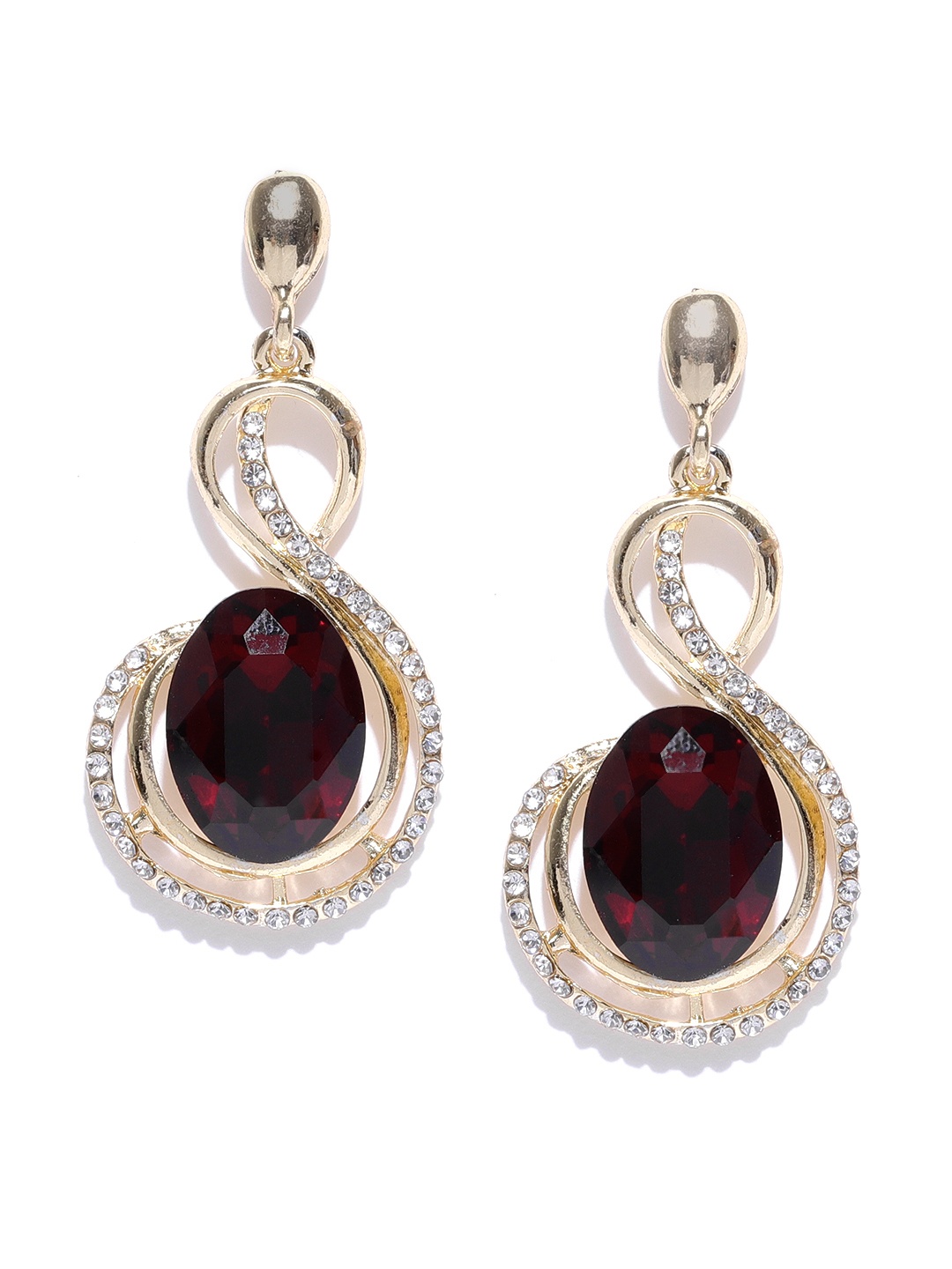 

Crunchy Fashion Gold-Toned & Maroon Stone-Studded Contemporary Drop Earrings