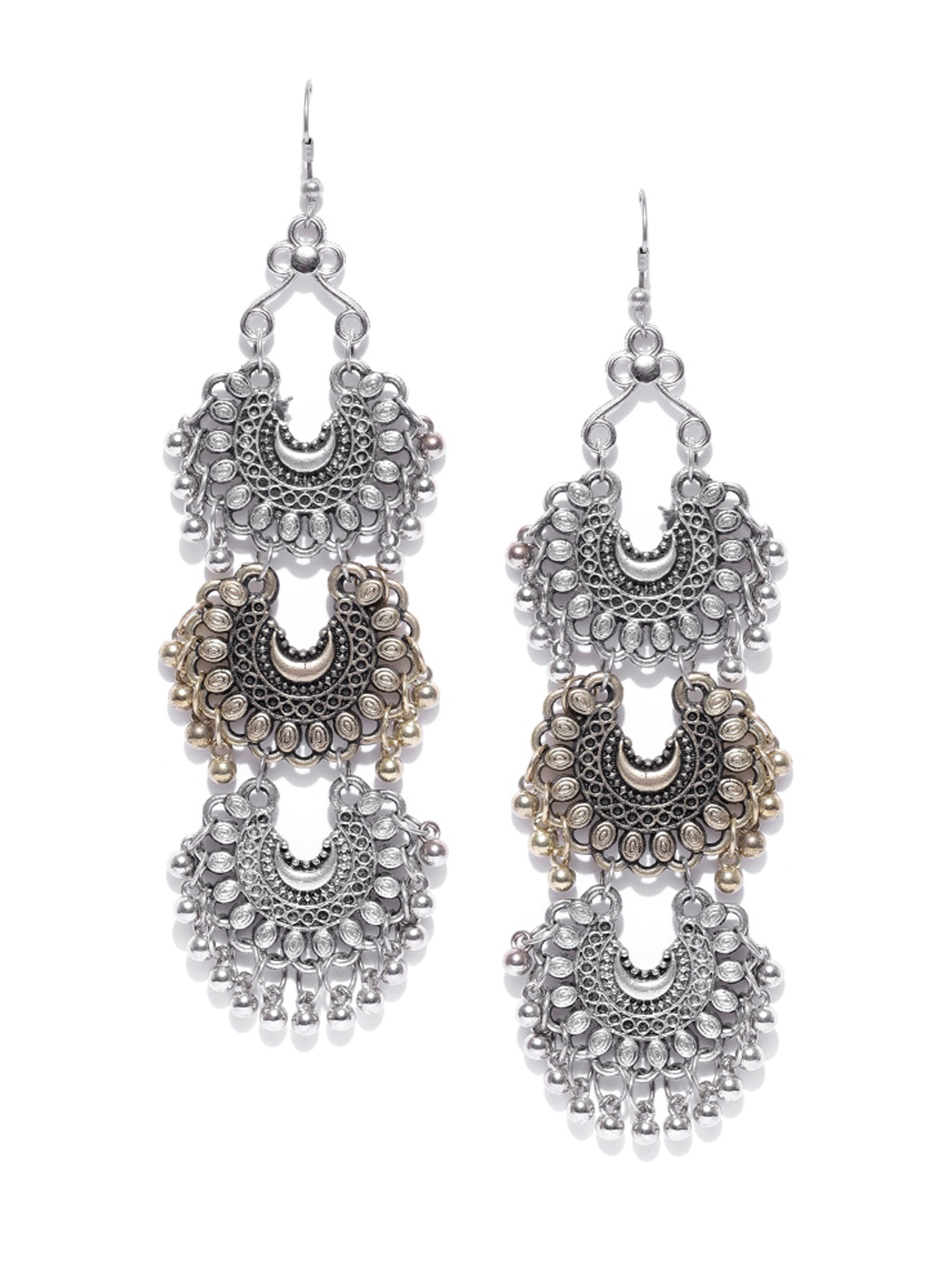 

Crunchy Fashion Oxidised Silver & Antique Gold-Toned Crescent Shaped Drop Earrings