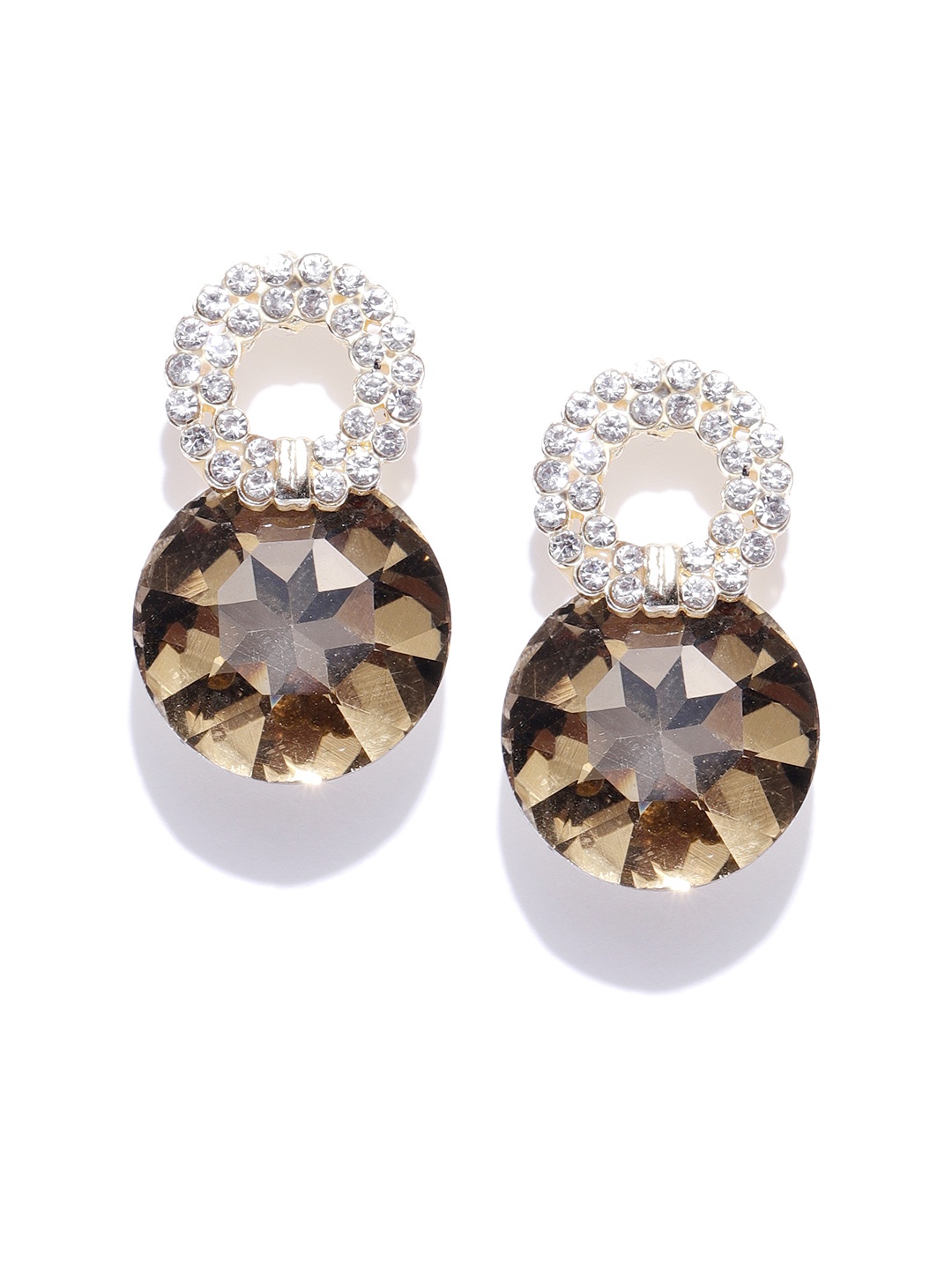 

Crunchy Fashion Gold-Toned & Beige Stone-Studded Circular Drop Earrings