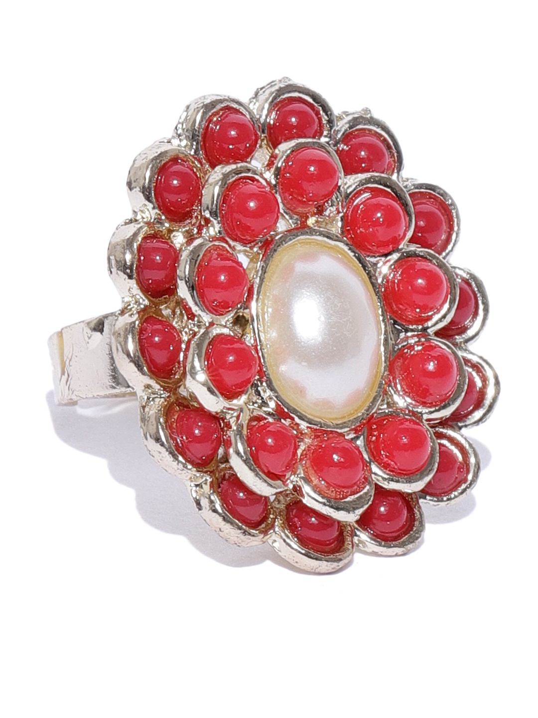

Crunchy Fashion Women Gold-Toned & Red Beaded Floral Ring