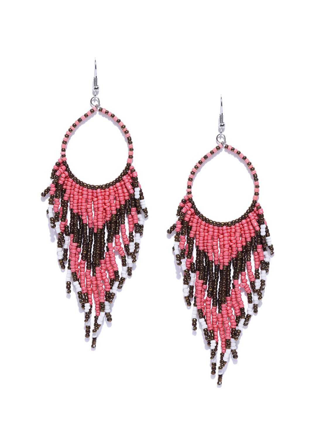 

Crunchy Fashion Pink & Bronze-Toned Beaded Tasselled Contemporary Drop Earrings
