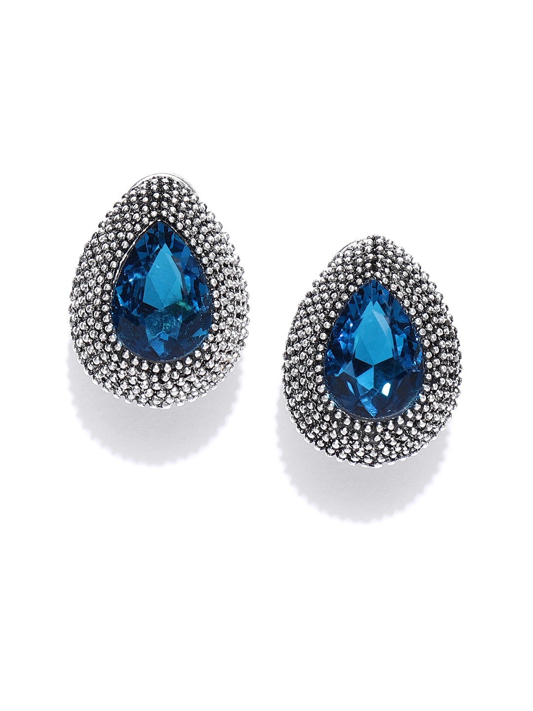 

Crunchy Fashion Blue & Oxidised Silver-Toned Stone-Studded Teardrop Shaped Studs