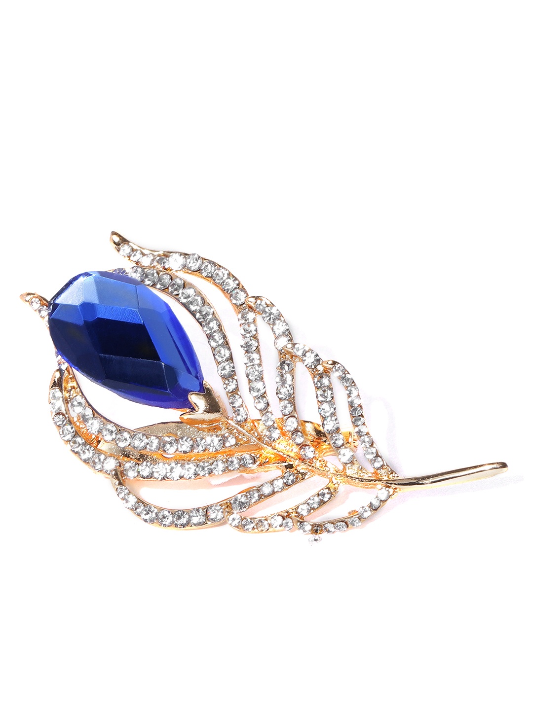 

Crunchy Fashion Women Navy Blue & Gold-Toned Stone-Studded Feather-Shaped Brooch