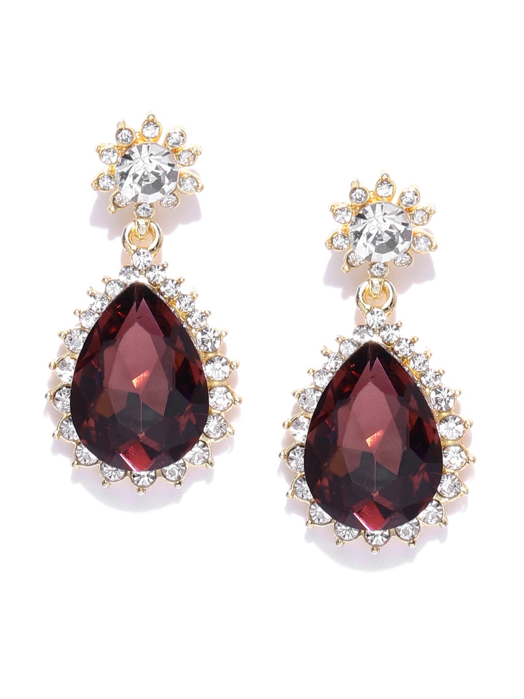 

Crunchy Fashion Brown & Gold-Toned Stone-Studded Teardrop Shaped Drop Earrings