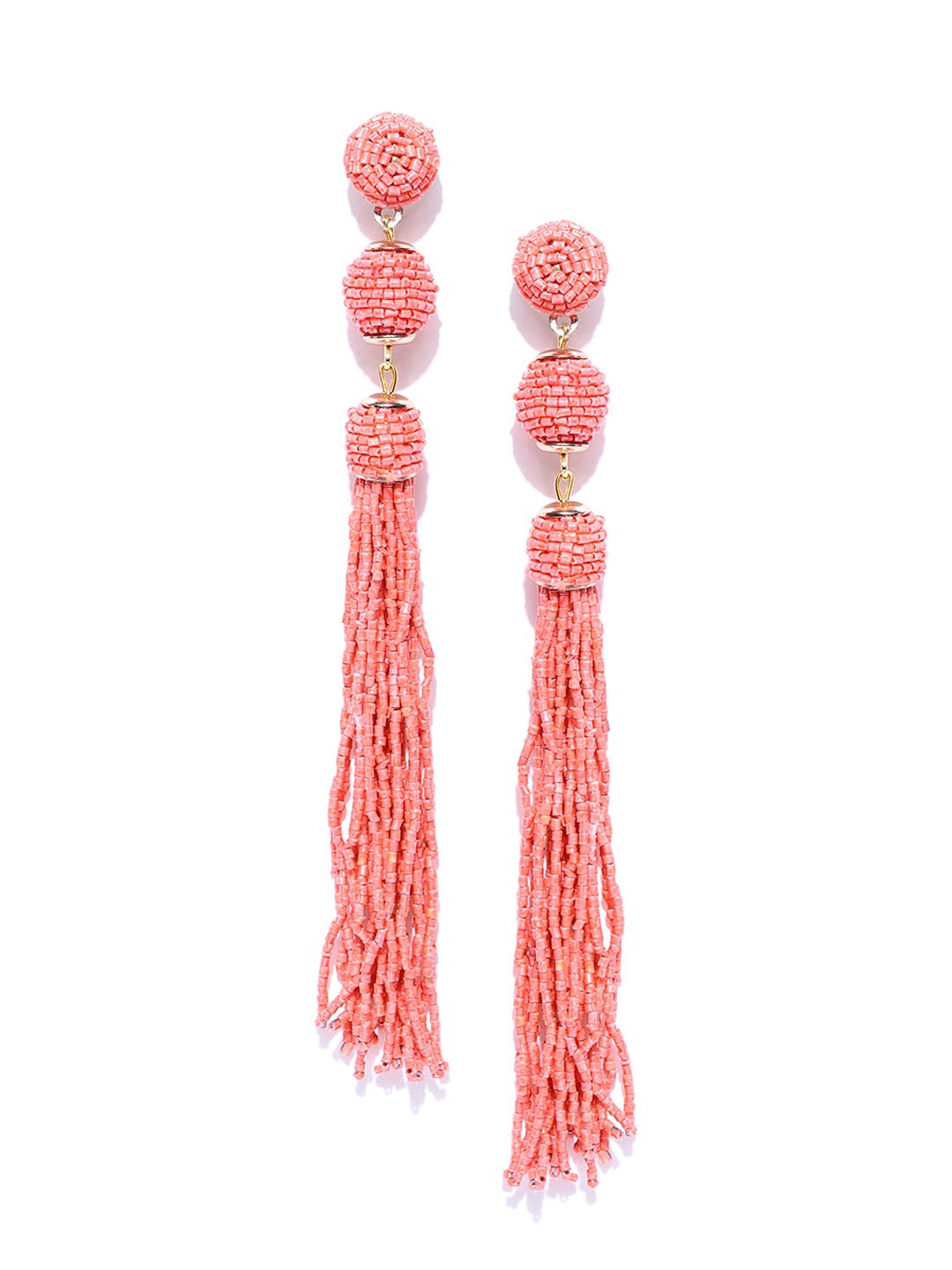 

Crunchy Fashion Peach-Coloured Beaded & Tasselled Contemporary Drop Earrings