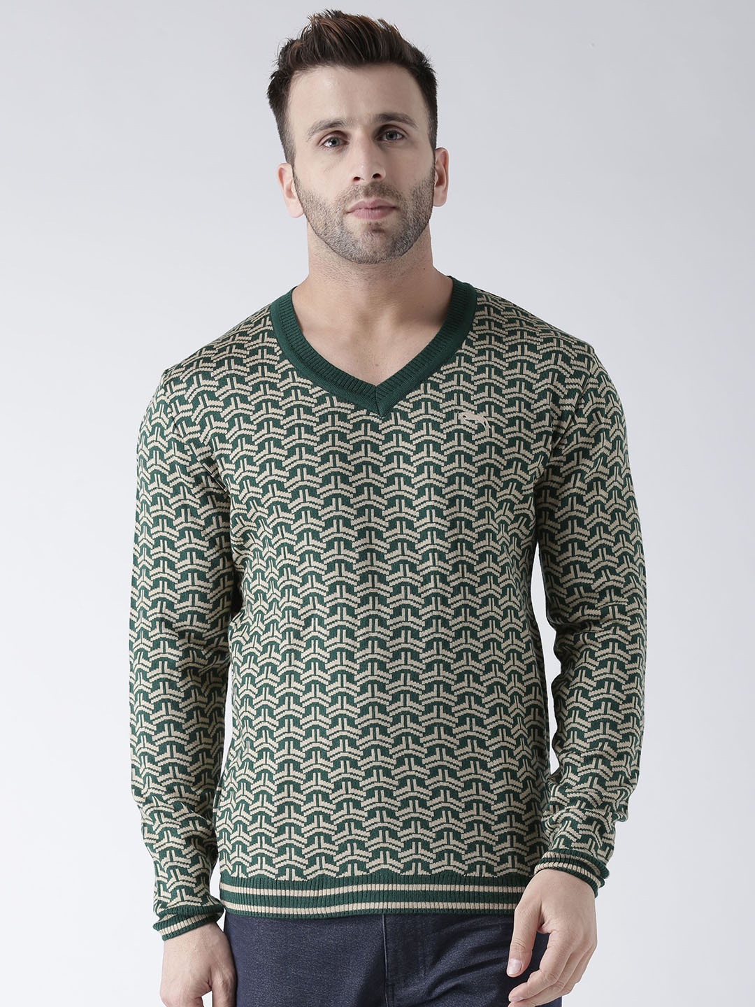 

JUMP USA Men Green & Beige Self Design Pullover