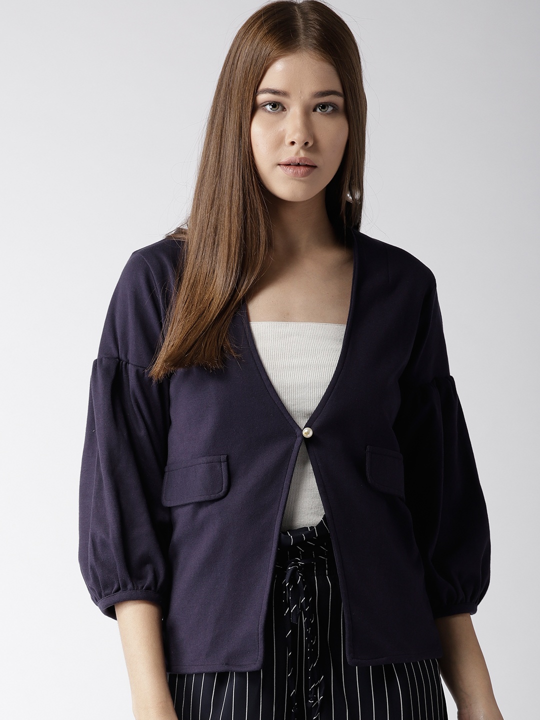 

Style Quotient by Noi Navy Solid Button Shrug, Navy blue