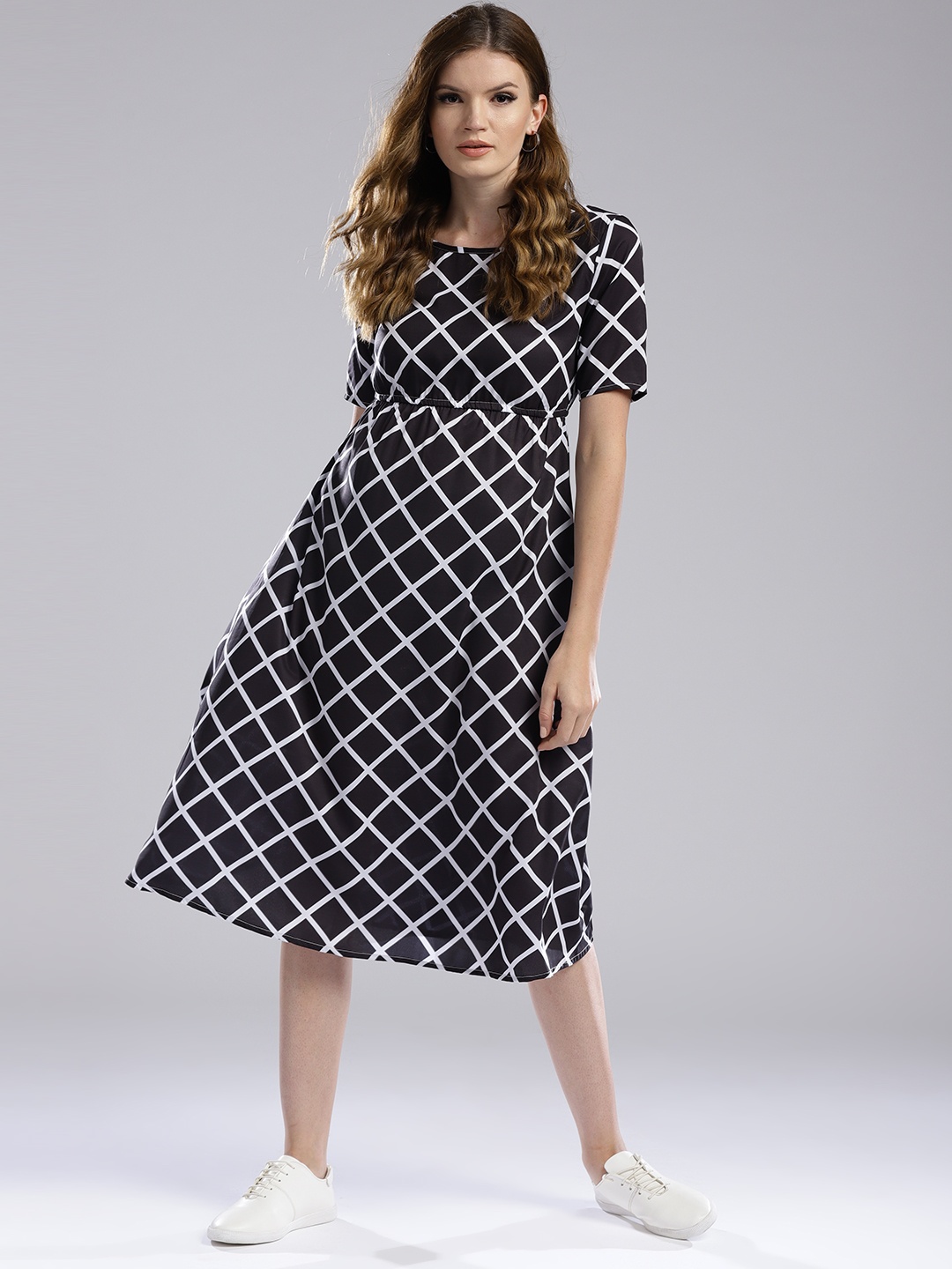 

Hubberholme Women Black & White Checked Empire Dress