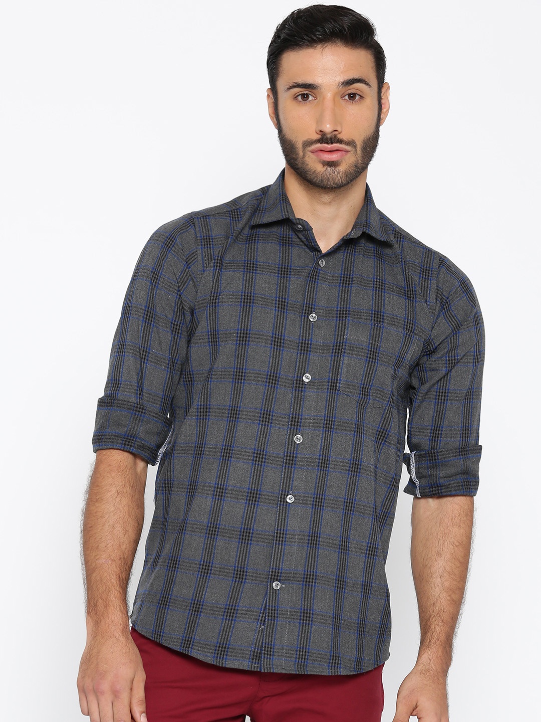 

Shaftesbury London Men Charcoal Grey & Blue Slim Fit Biodegradable Checked Casual Shirt