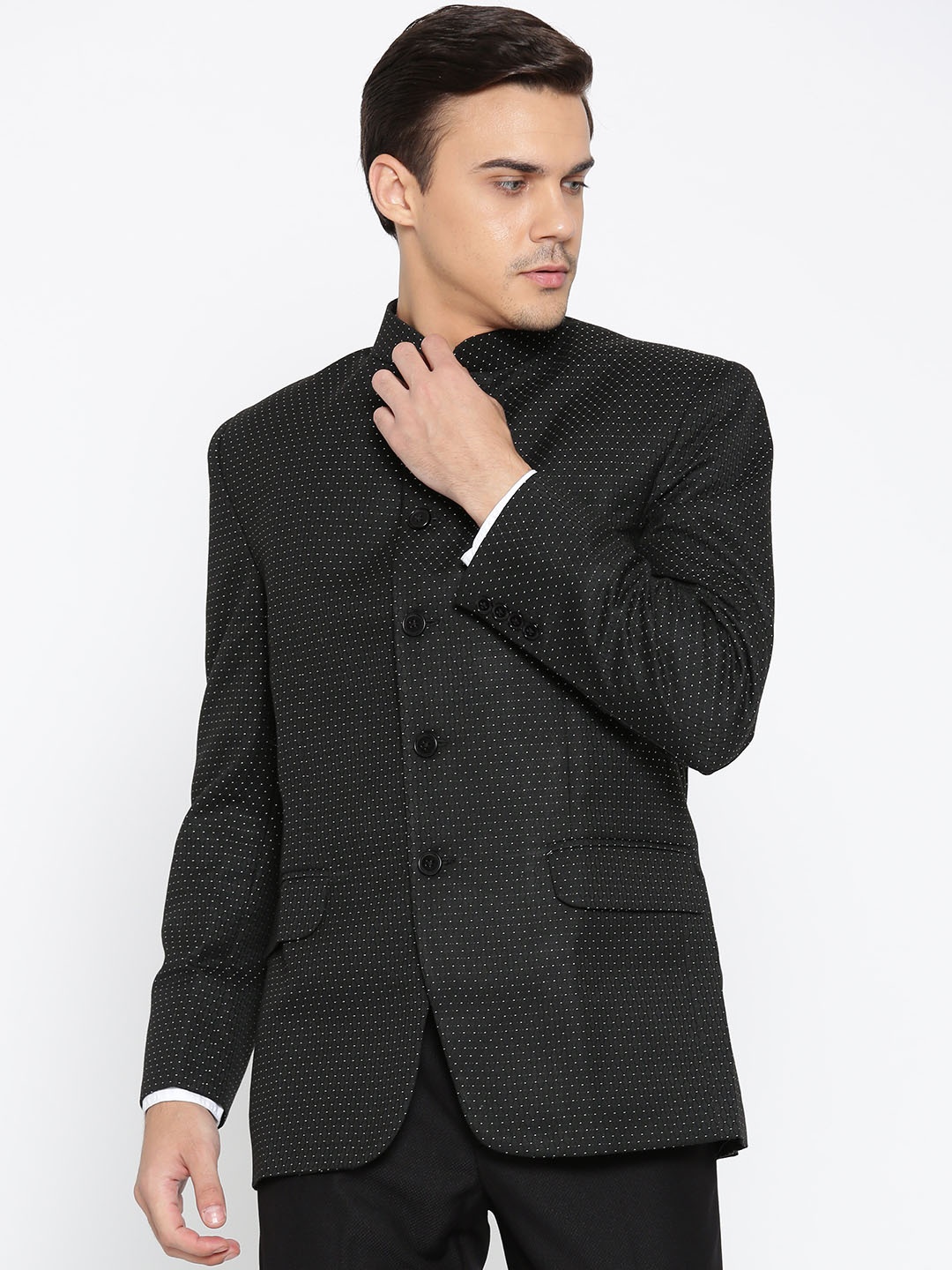 

Shaftesbury London Black & White Self-Design Ethnic Bandhgala Blazer