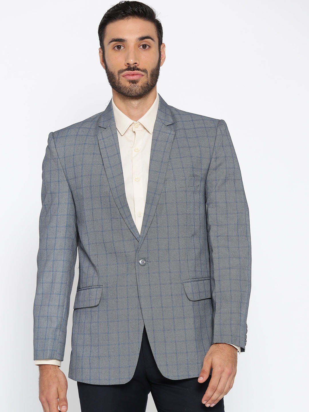 

Shaftesbury London Grey Self Checked Regular Fit Single-Breasted Formal Blazer