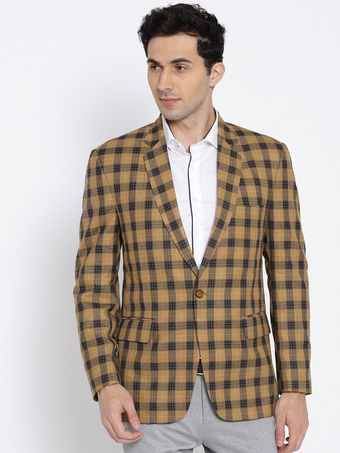 

Shaftesbury London Mustard Yellow & Black Checked Single-Breasted Semiformal Blazer