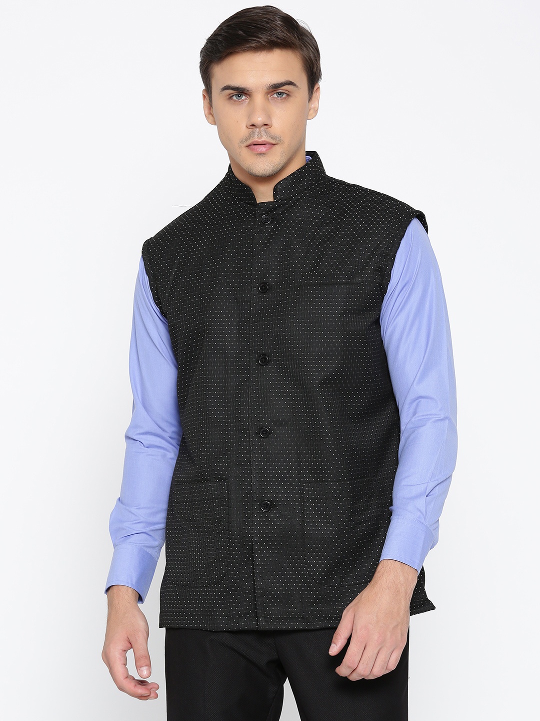 

Shaftesbury London Men Black Self-Design Slim Fit Nehru Jacket