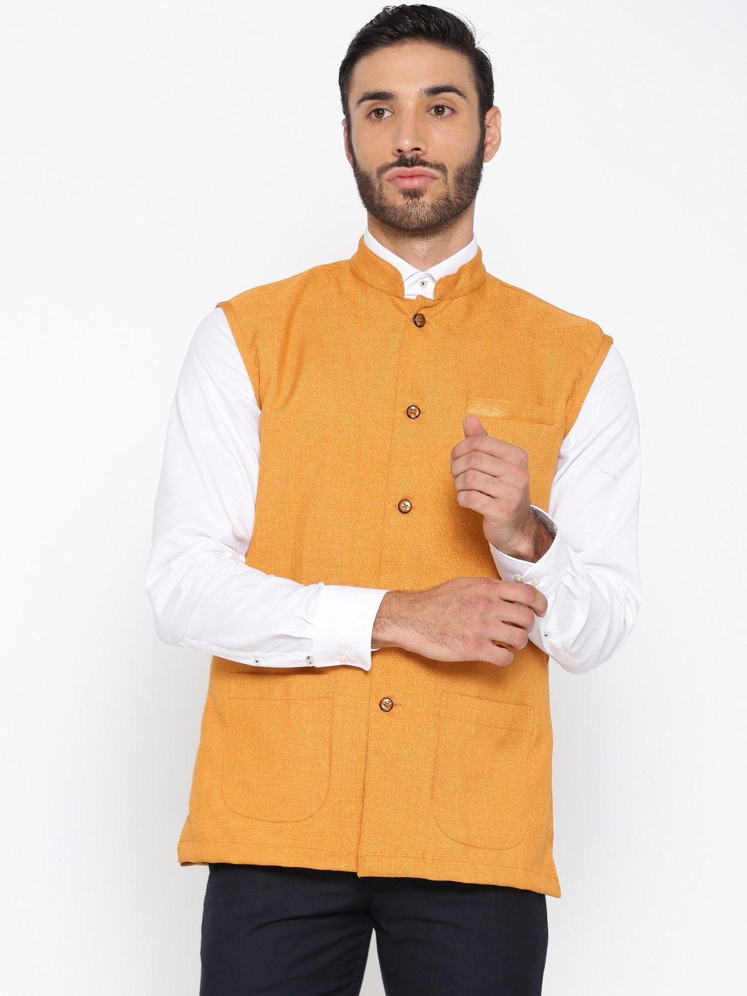 

Shaftesbury London Mustard Yellow Solid Regular Fit Nehru Jacket