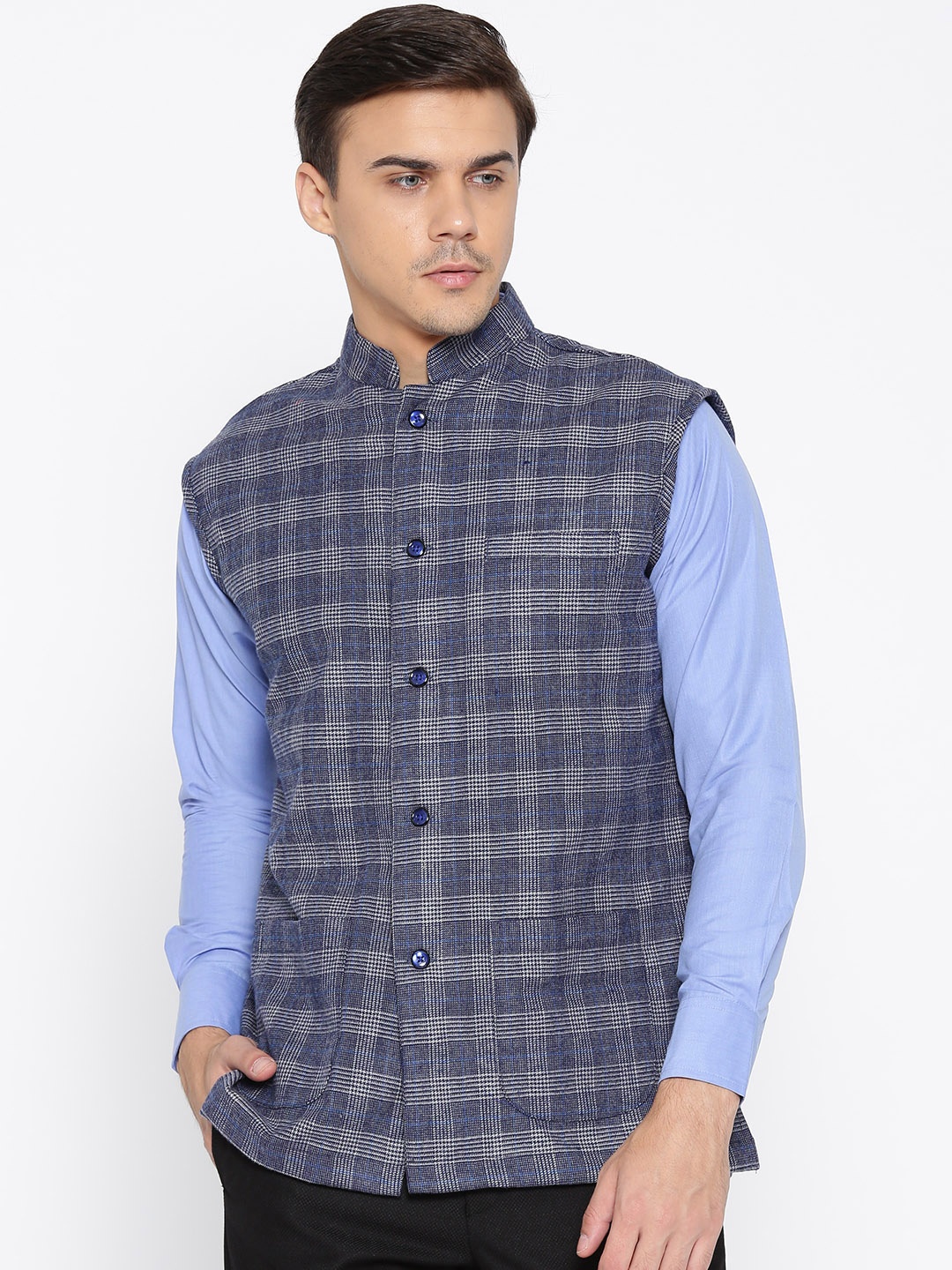

Shaftesbury London Navy Blue & Grey Checked Slim Fit Nehru Jacket