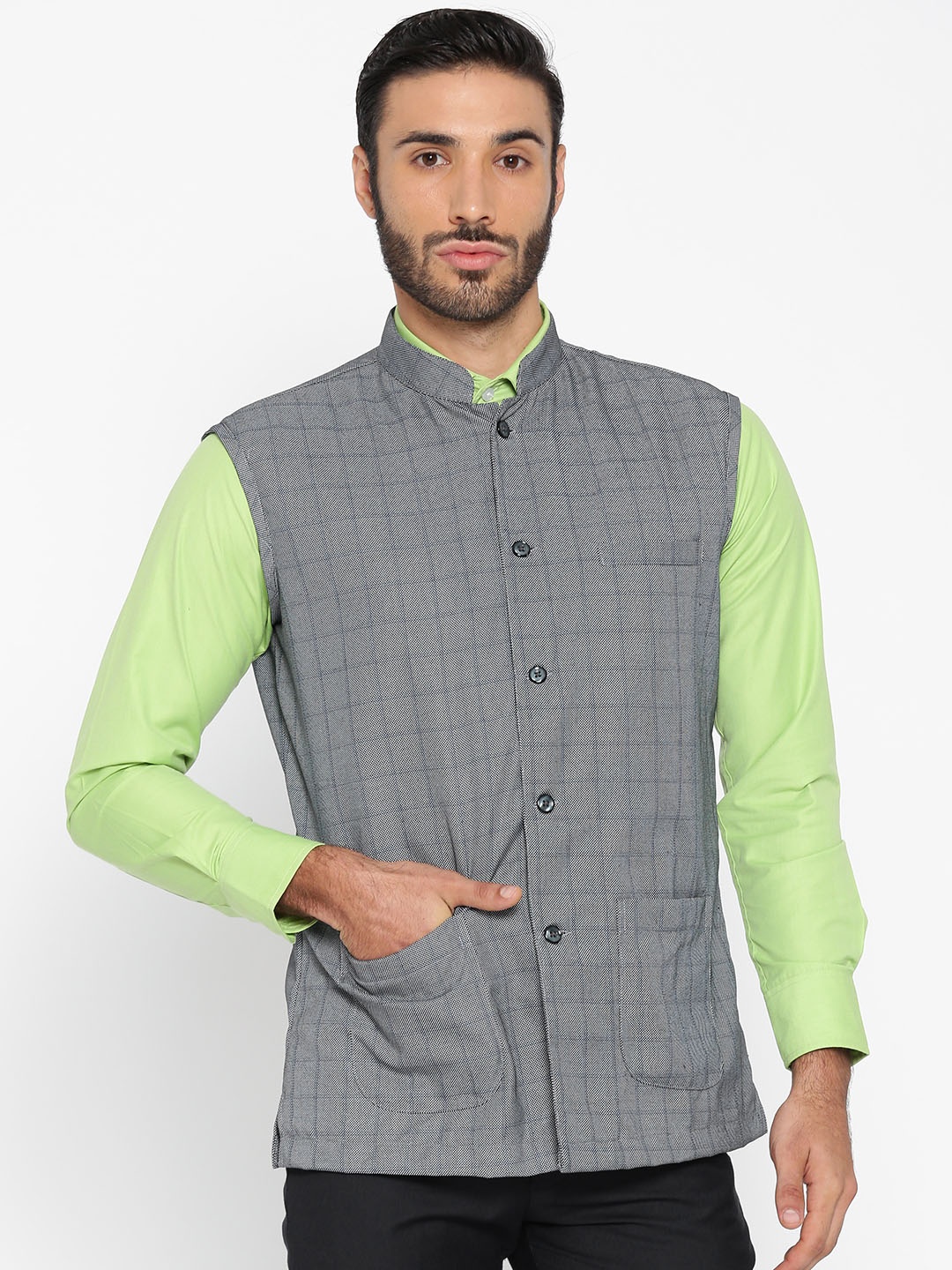 

Shaftesbury London Men Grey Checked Slim Fit Nehru Jacket