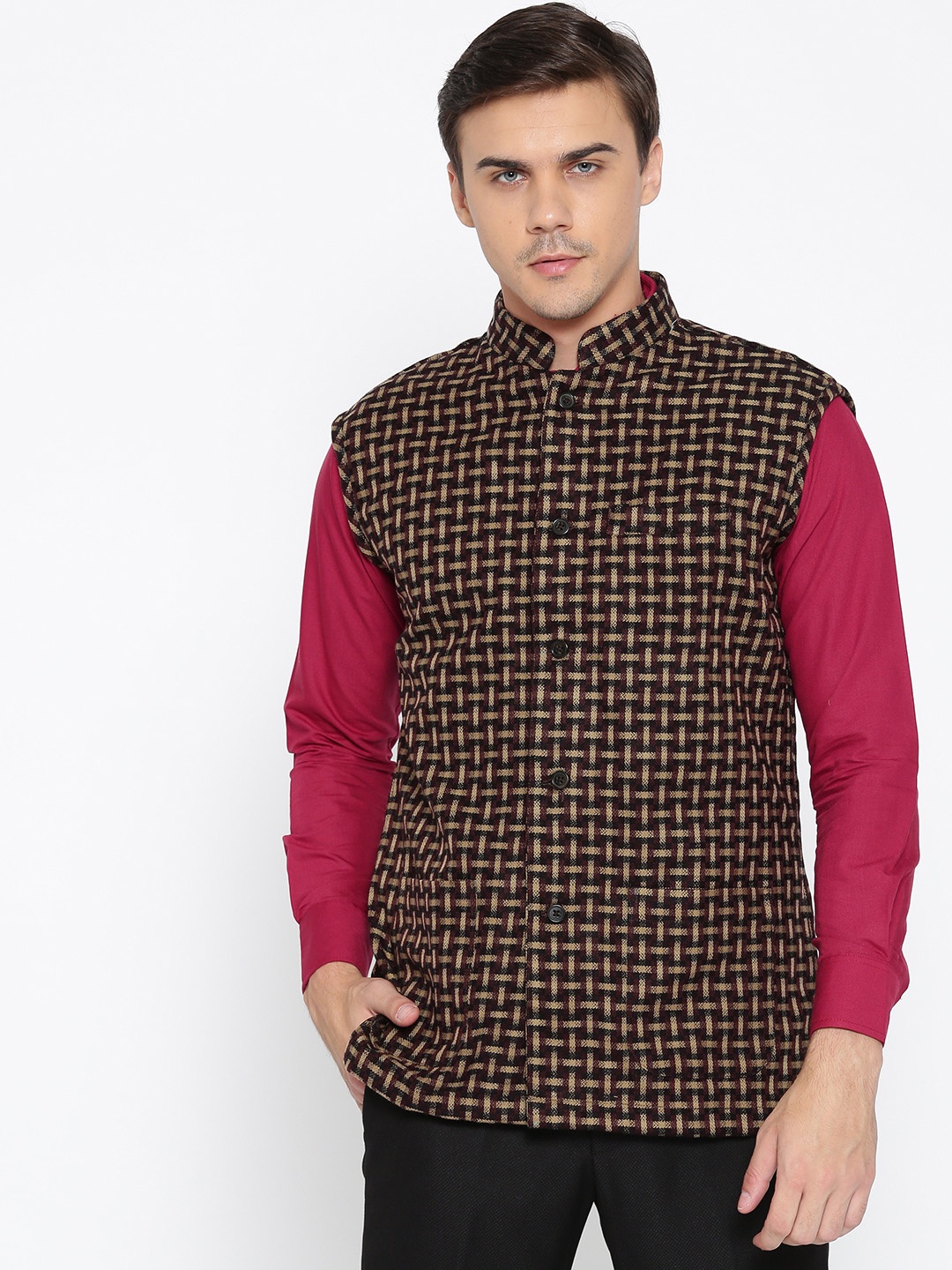 

Shaftesbury London Men Beige & Brown Checked Slim Fit Nehru Jacket