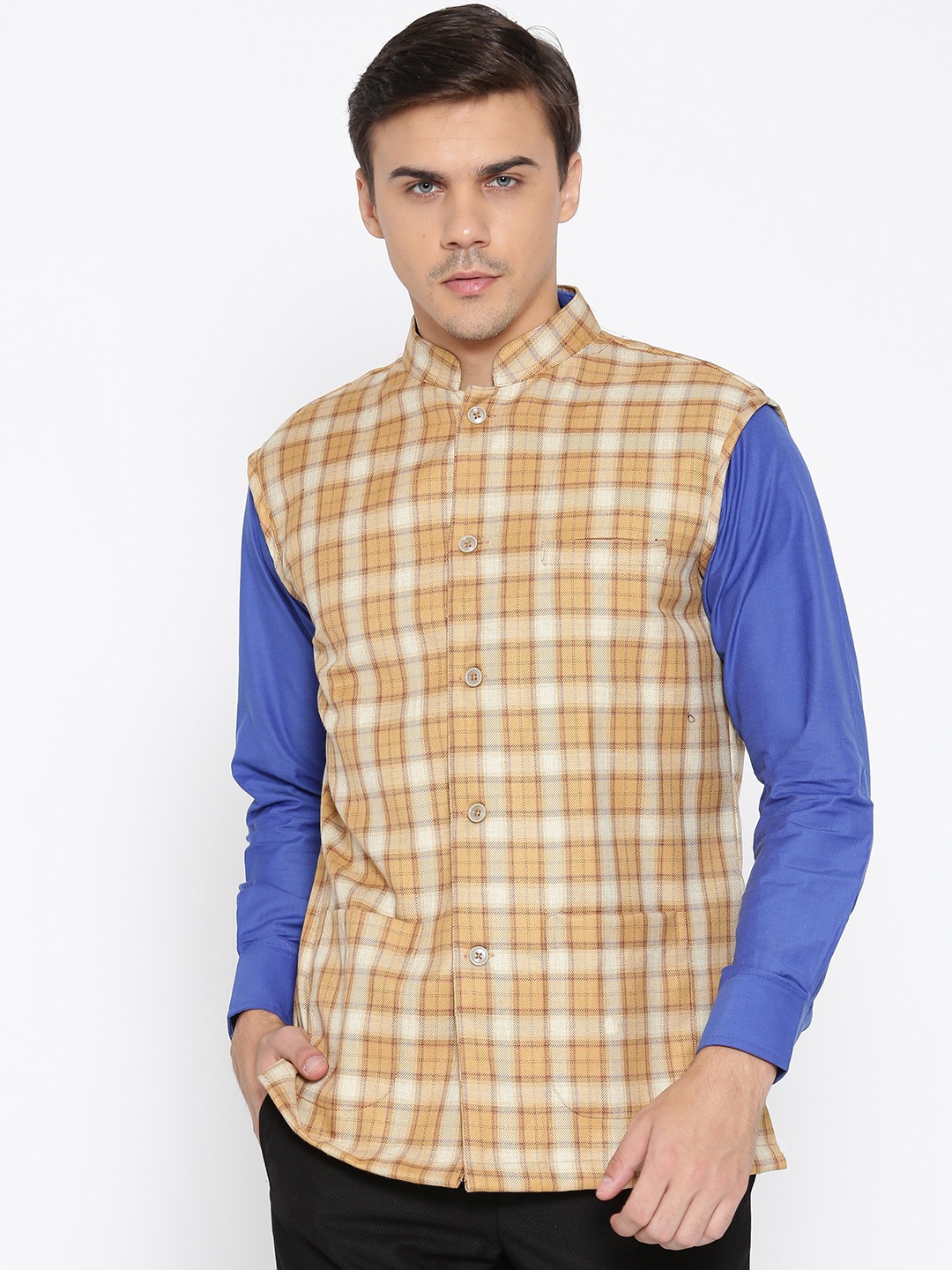 

Shaftesbury London Mustard Yellow & Beige Checked Slim Fit Nehru Jacket