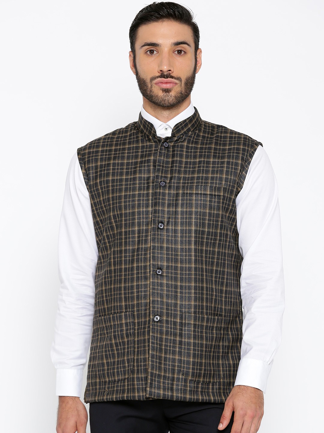 

Shaftesbury London Men Charcoal Grey & Beige Checked Nehru Jacket
