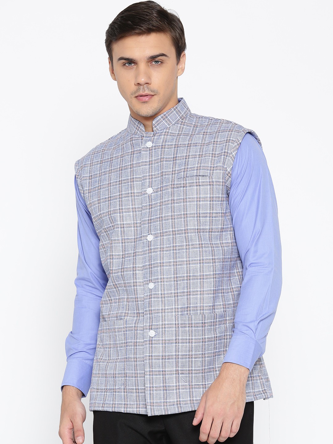 

Shaftesbury London White & Blue Checked Slim Fit Nehru Jacket
