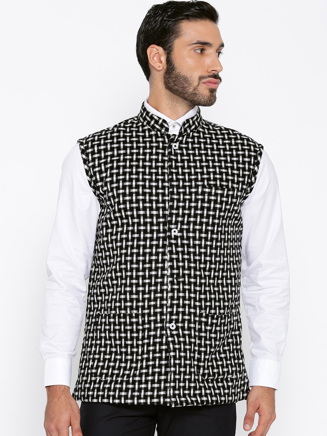 

Shaftesbury London Men Black & White Woven Design Nehru Jacket