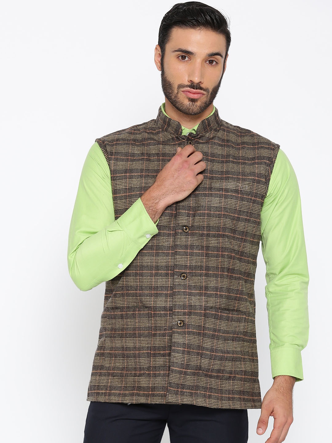 

Shaftesbury London Brown & Beige Checked Slim Fit Nehru Jacket