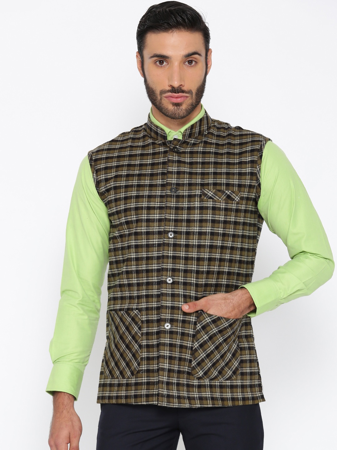 

Shaftesbury London Men Olive Green & Black Checked Slim Fit Nehru Jacket