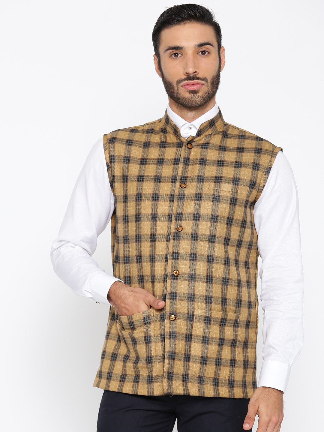 

Shaftesbury London Mustard Yellow & Black Checked Regular Fit Nehru Jacket