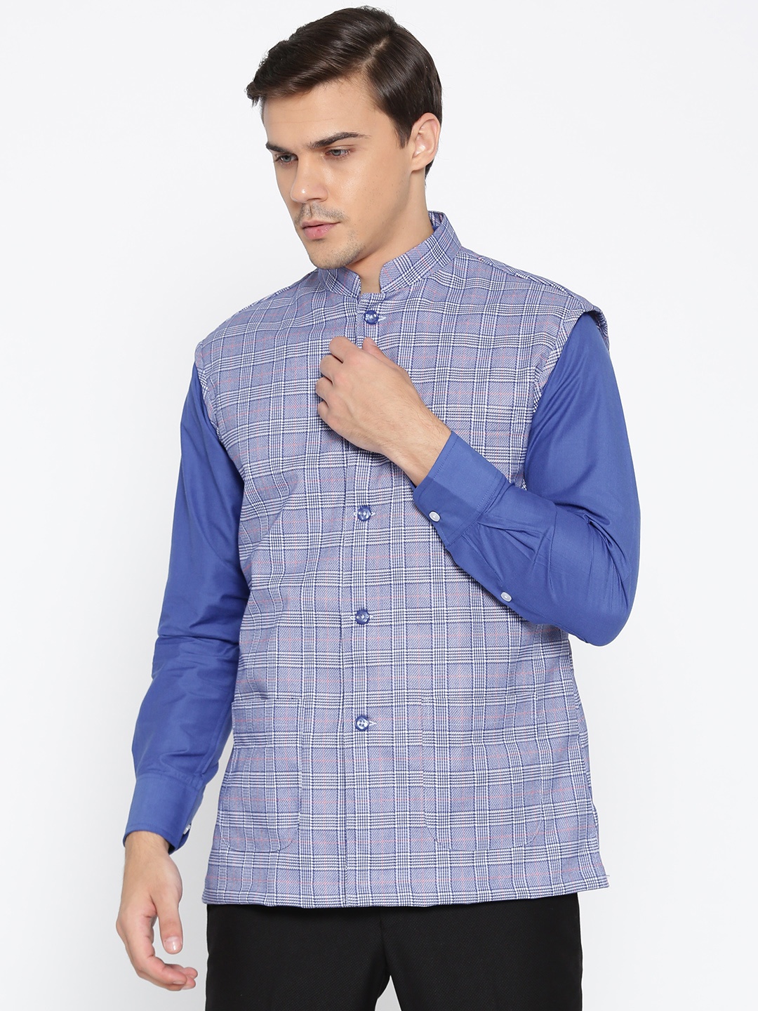 

Shaftesbury London Men Blue & White Checked Slim Fit Nehru Jacket