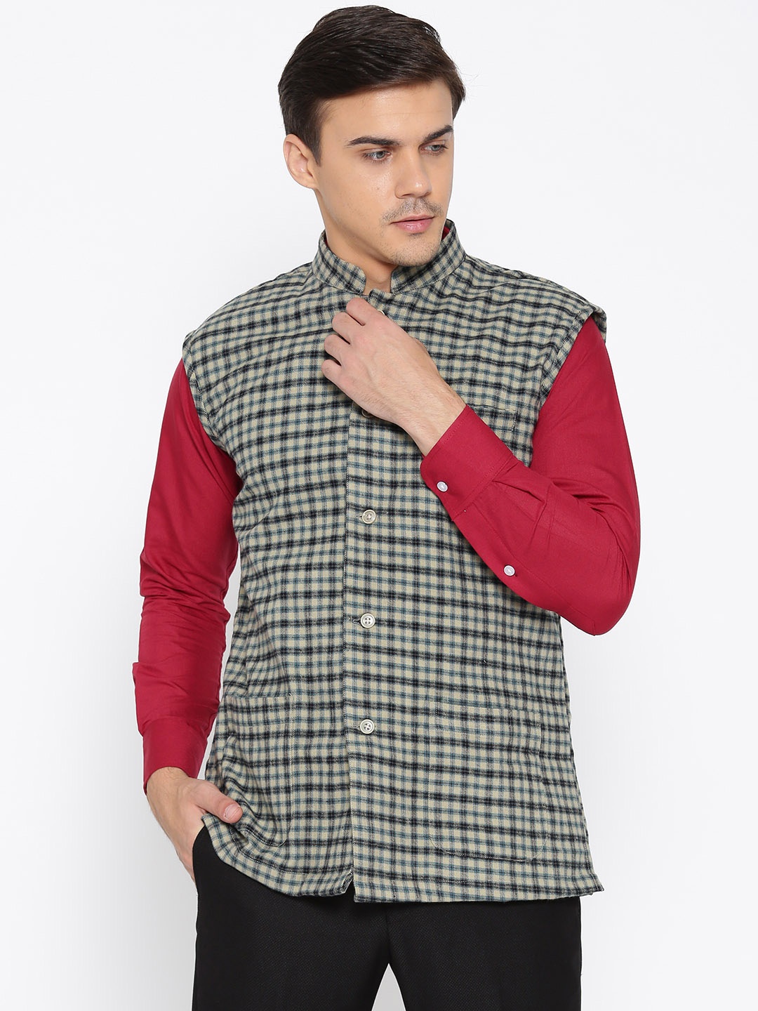 

Shaftesbury London Men Beige & Blue Checked Slim Fit Nehru Jacket