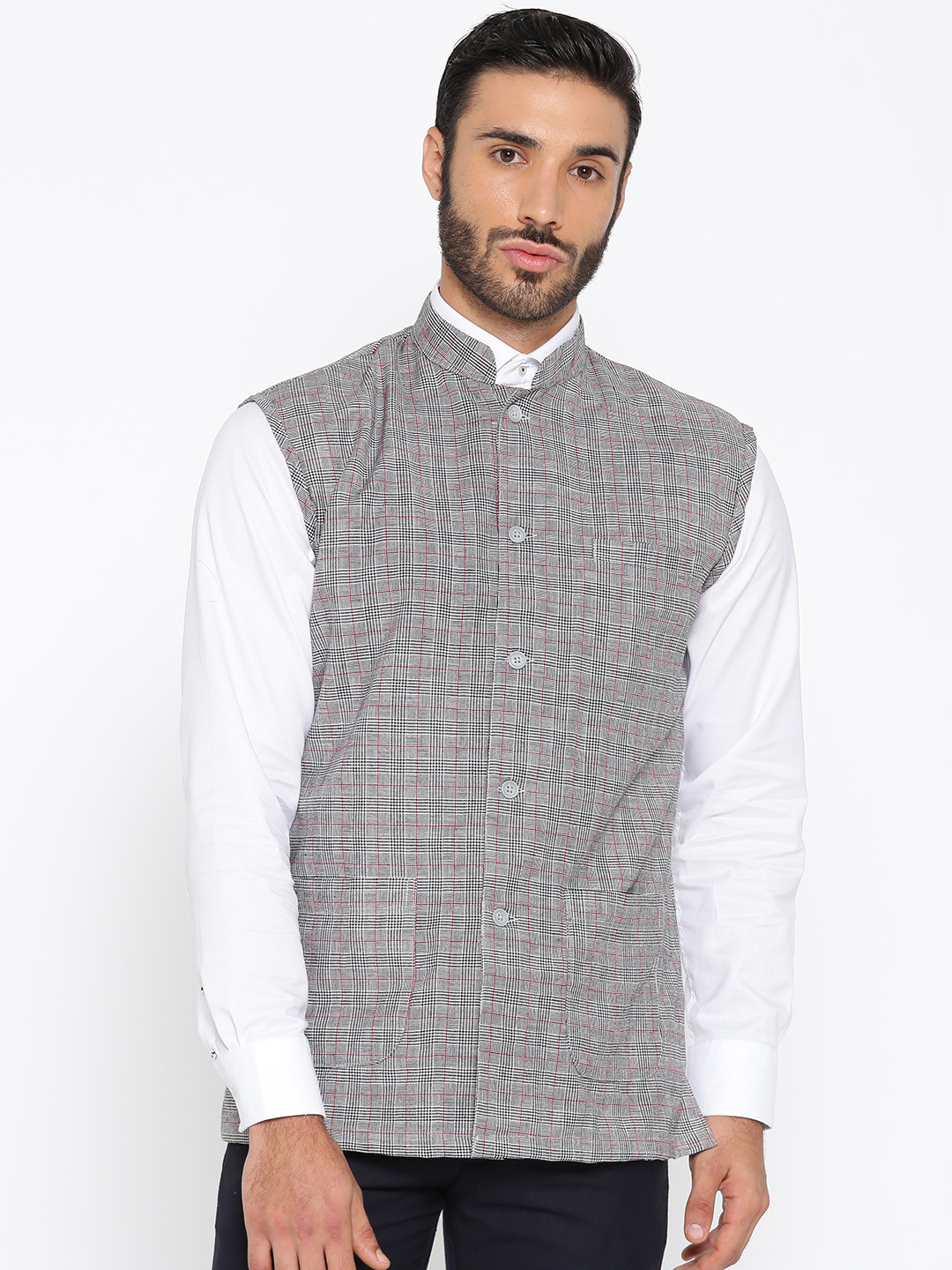 

Shaftesbury London Men Grey & Black Slim Fit Checked Nehru Jacket