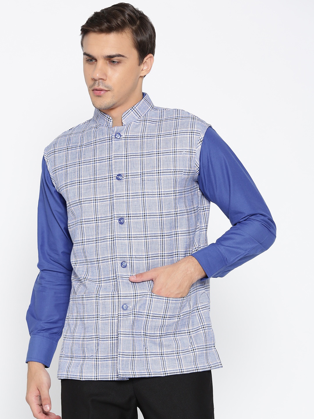 

Shaftesbury London Men Blue & White Checked Slim Fit Nehru Jacket