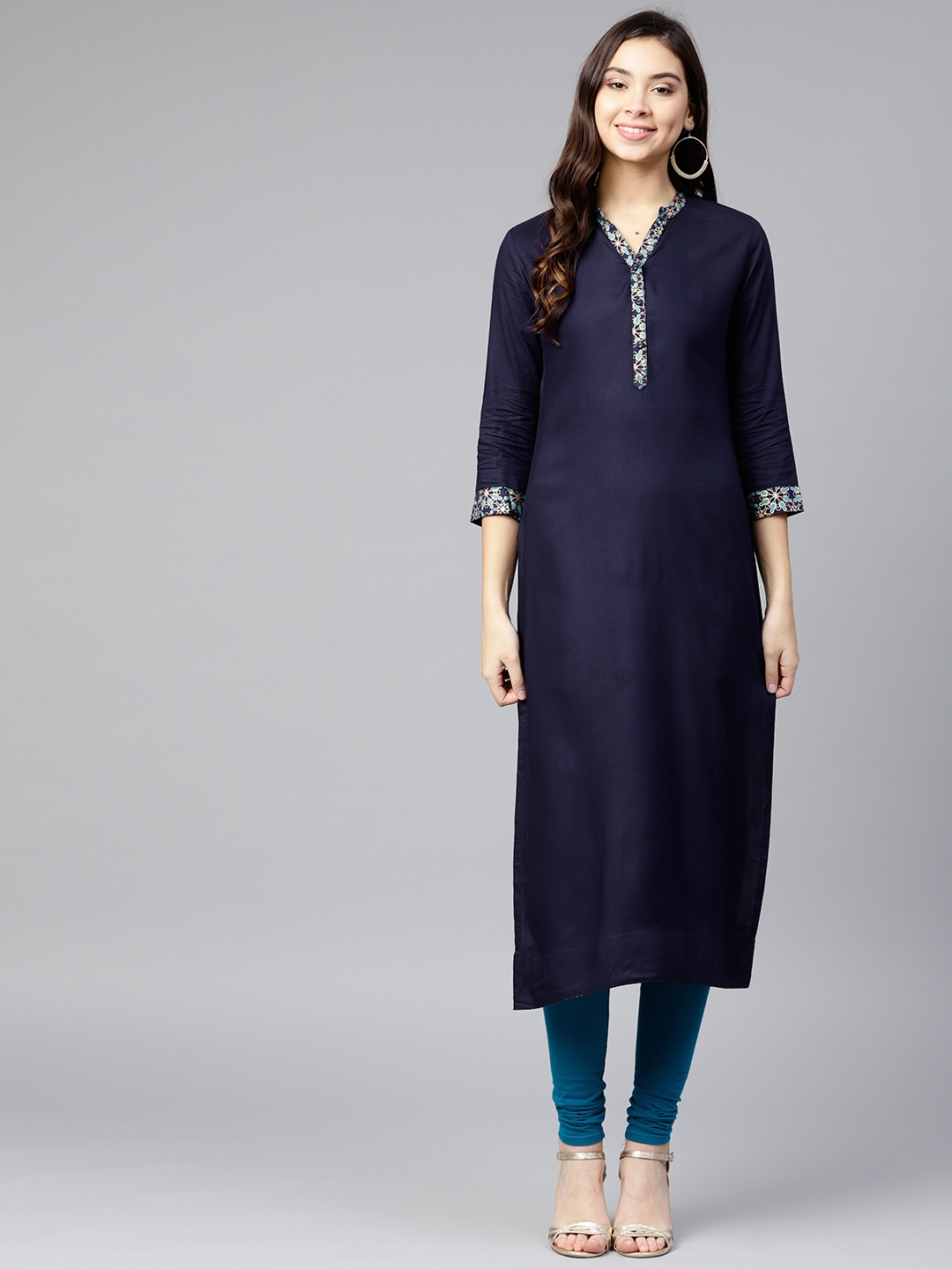 

Varanga Women Navy Blue Solid Straight Kurta