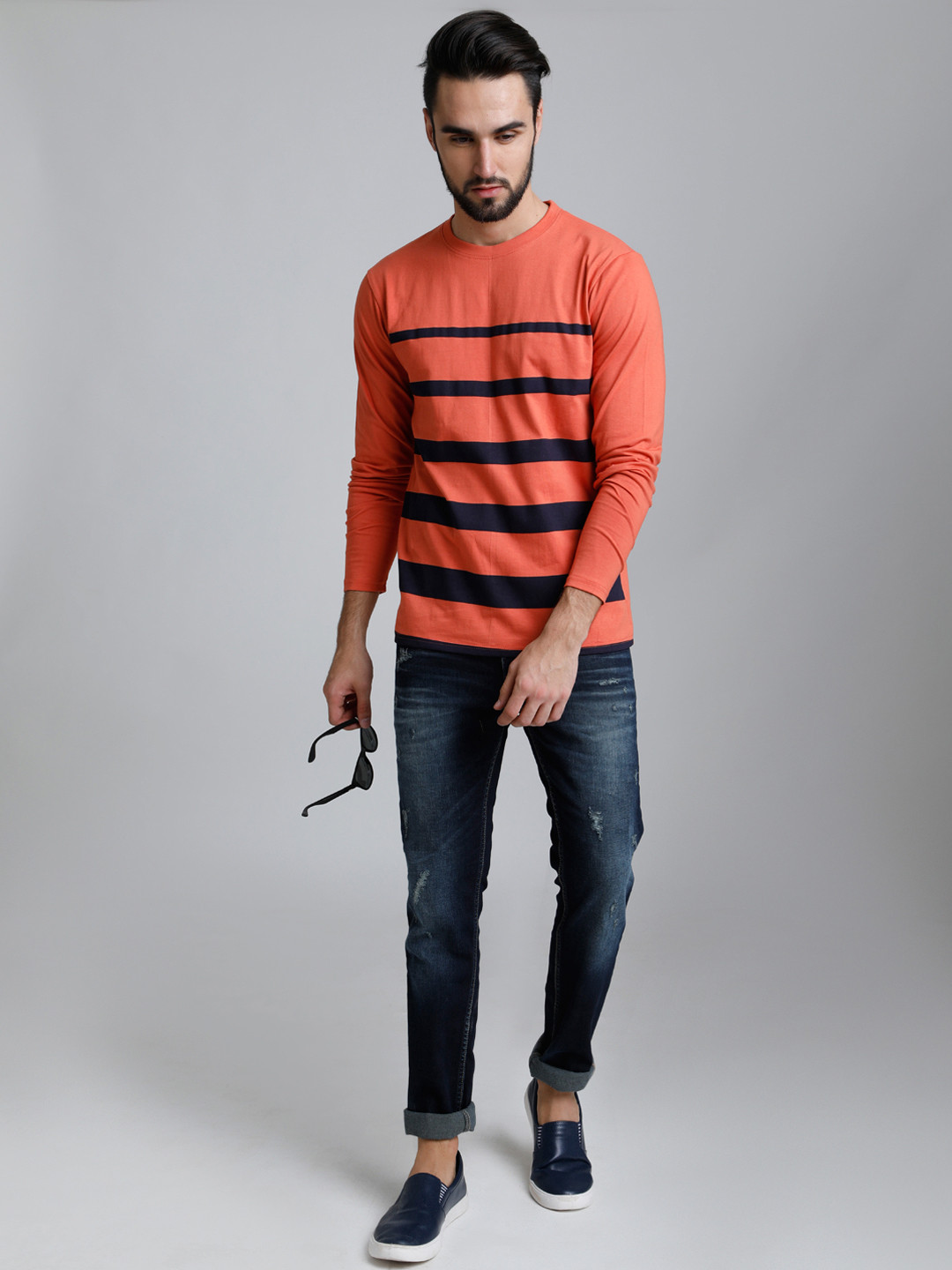 

DILLINGER Men Coral Striped Round Neck T-shirt