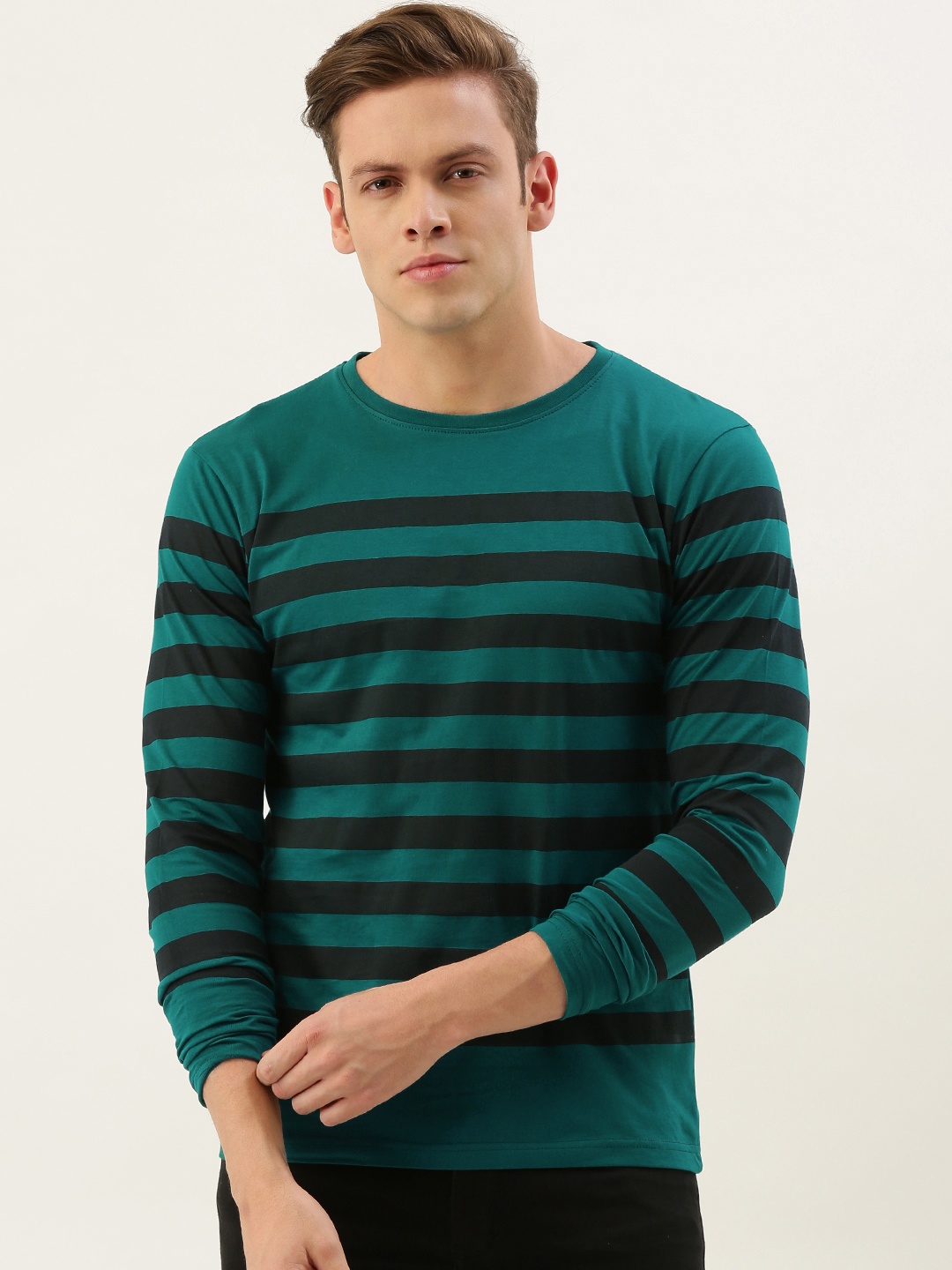 

DILLINGER Men Teal Green Black Striped Round Neck Pure Cotton T-shirt