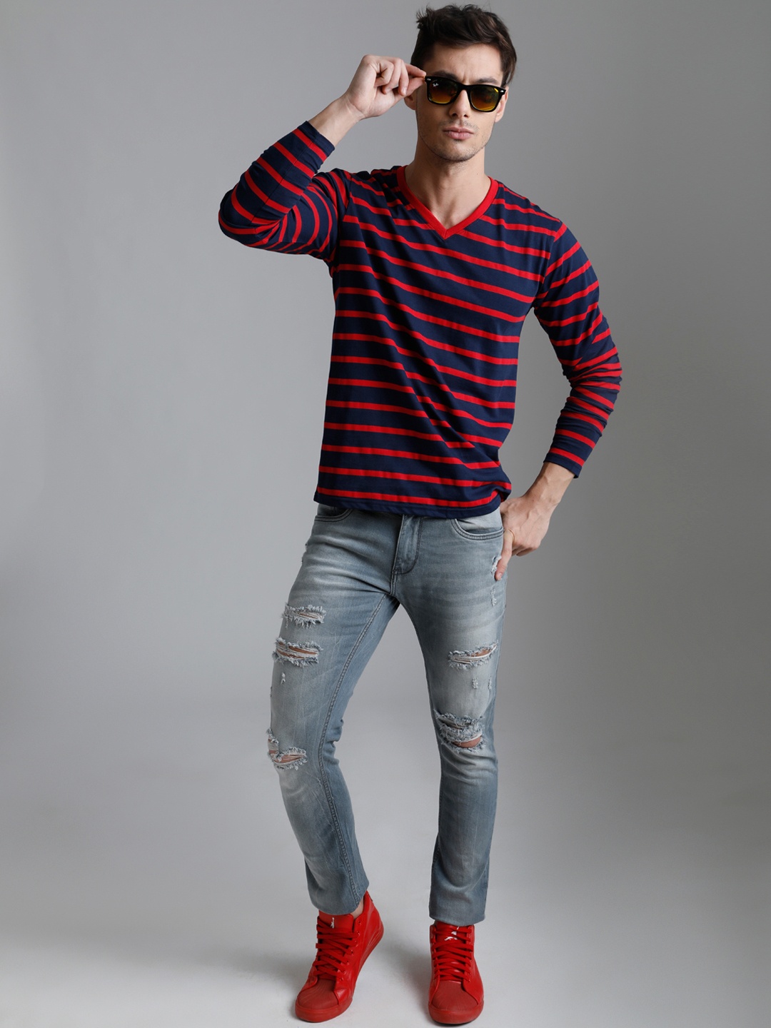 

DILLINGER Men Navy Blue Striped V-Neck T-shirt