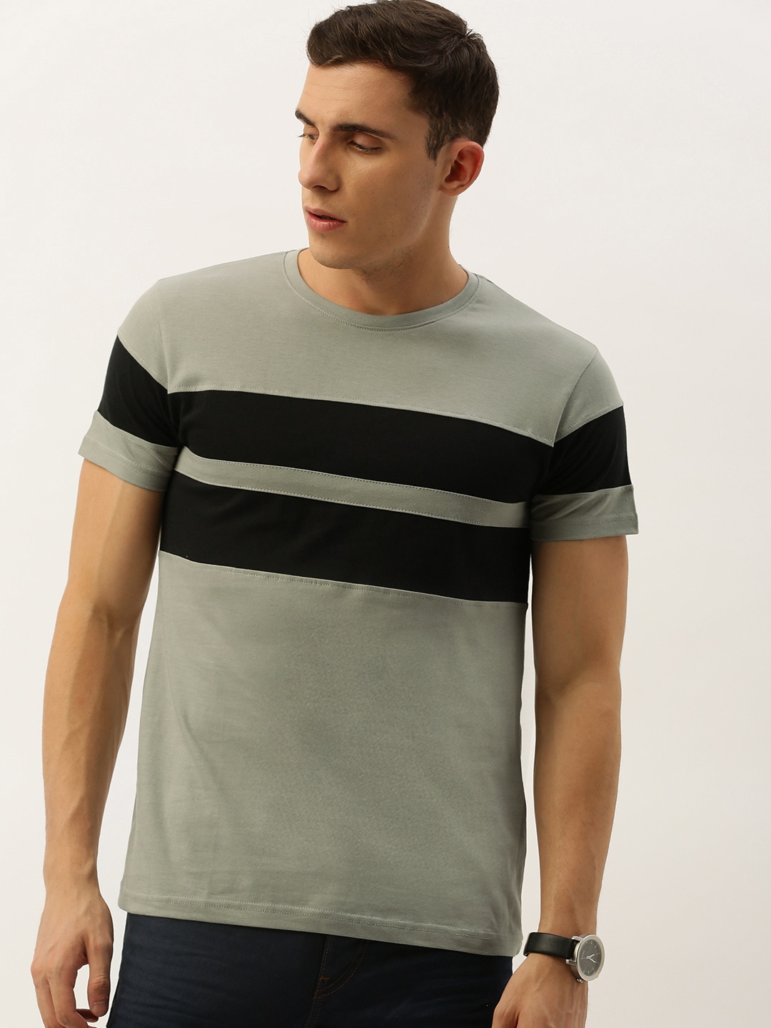

DILLINGER Men Grey Black Striped Round Neck Pure Cotton T-shirt