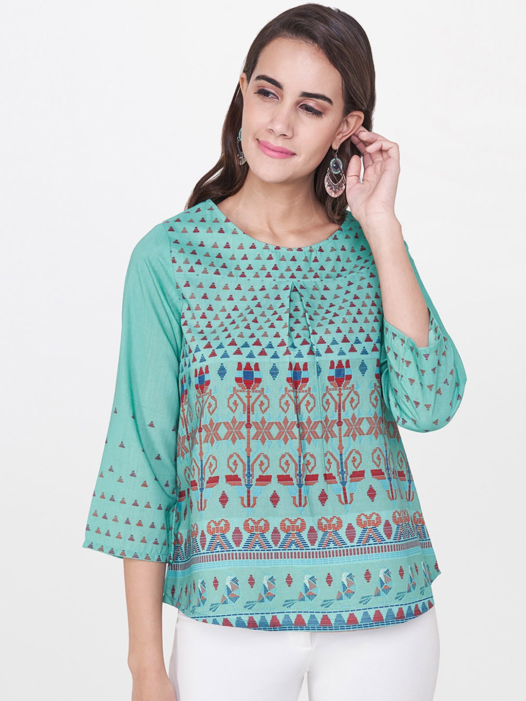 

Global Desi Women Turquoise Blue & Rust Orange Printed A-Line Top