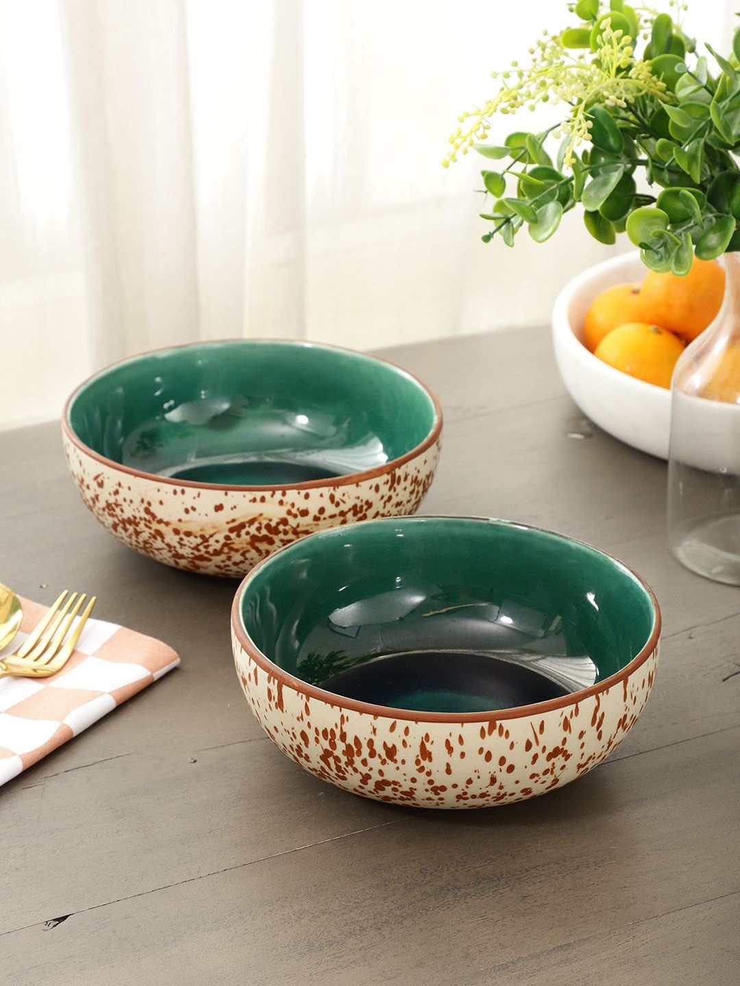 

VarEesha Off-White & Brown Set of 2 Hand Painted Mosaic Ceramic 6 Inch Serving Bowls